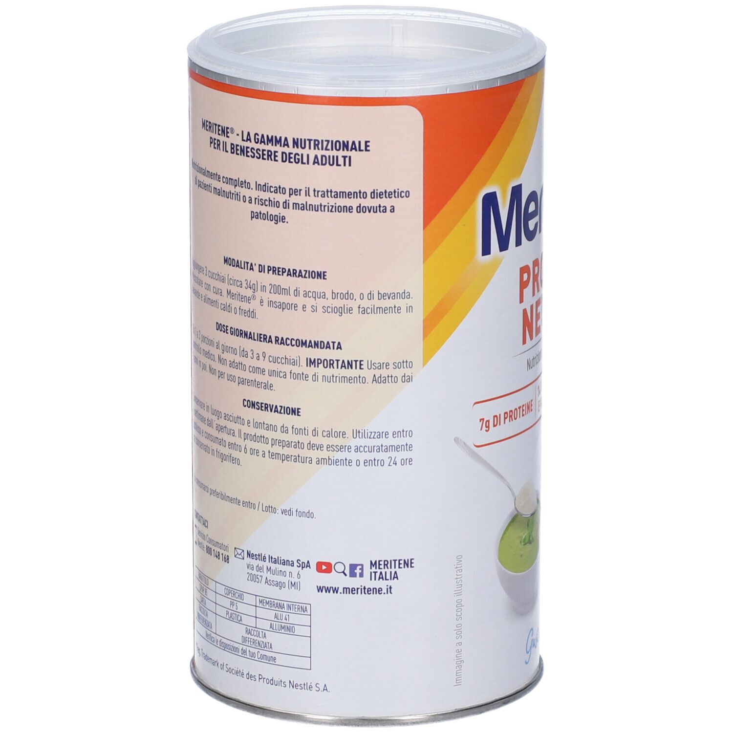 Barattolo Meritene Protein Neutro. Retro con informazioni preparazione e dosaggio. 7g proteine.