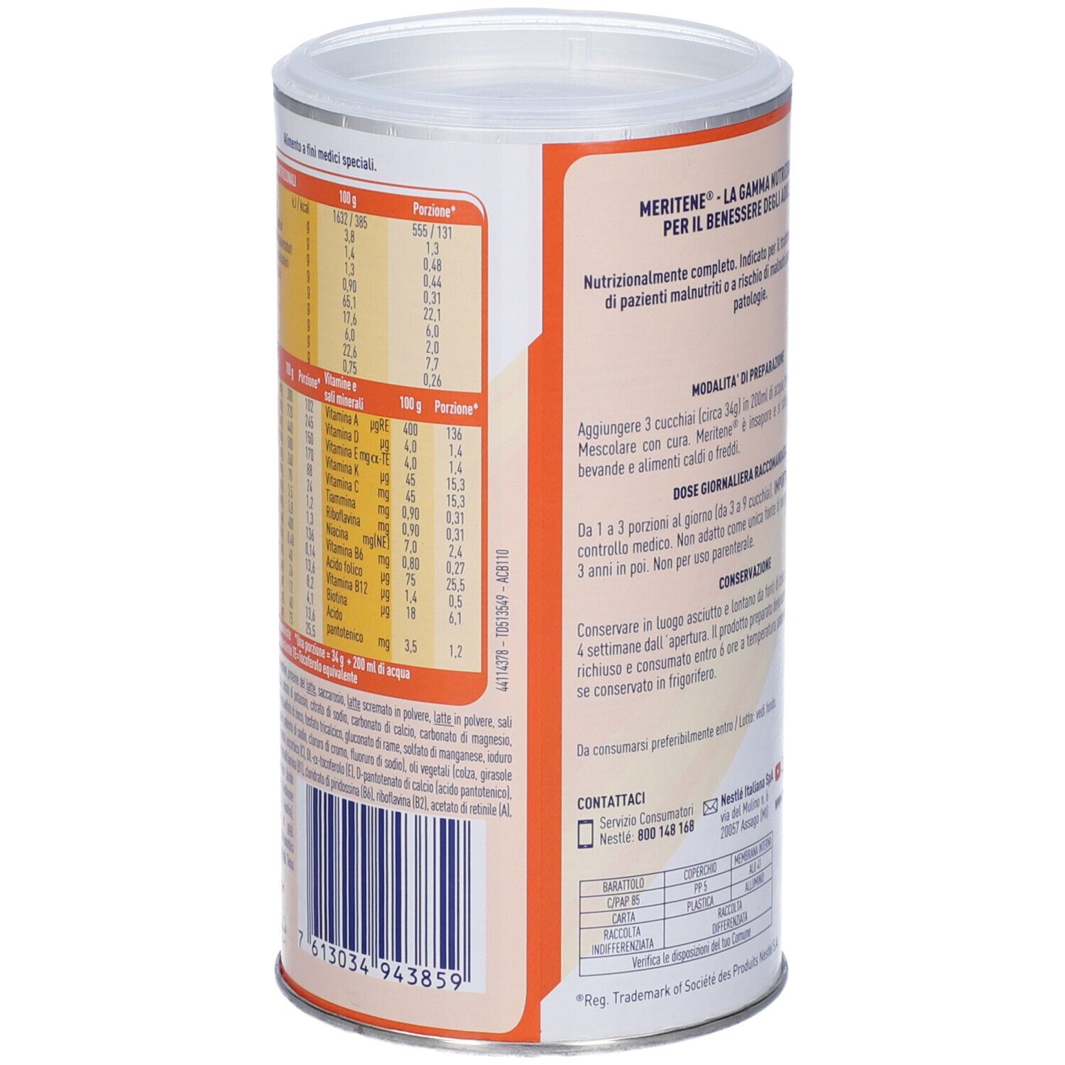 Barattolo Meritene Protein Neutro. Retro con informazioni nutrizionali e lista ingredienti. Coperchio aperto.