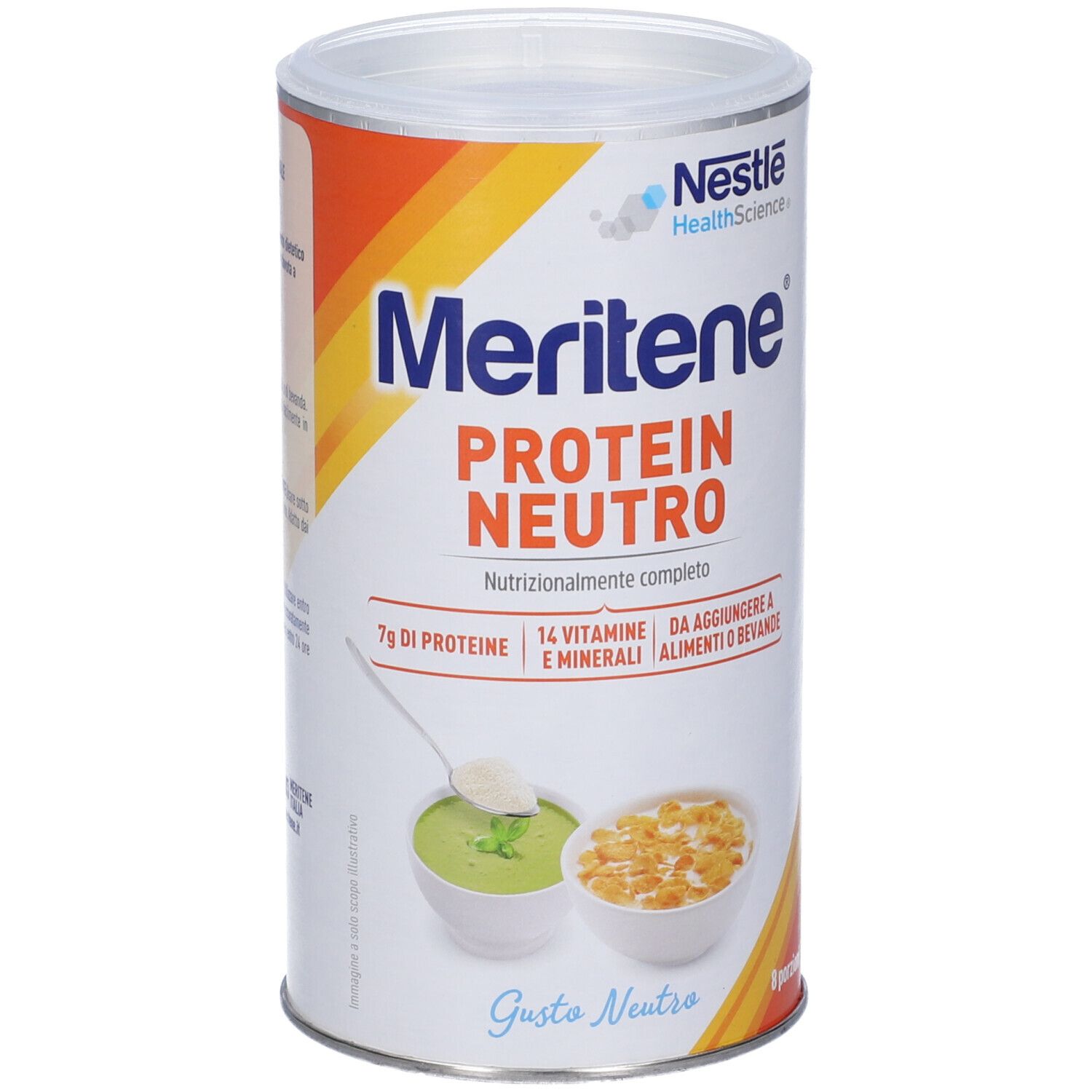 Barattolo Meritene Protein Neutro. Scritta: Protein Neutro, 7g proteine, 14 vitamine e minerali. Immagini di alimenti.