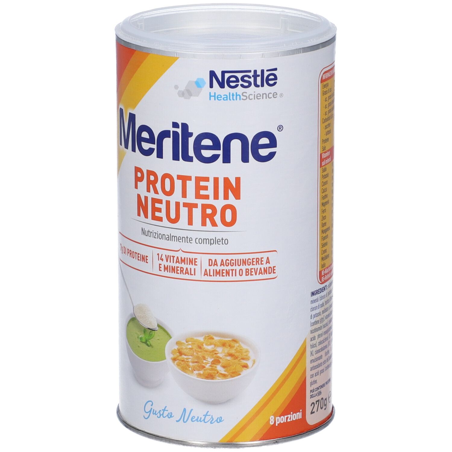 Barattolo Meritene Protein Neutro. Scritta: Protein Neutro, 7g proteine, 14 vitamine e minerali. 270g.
