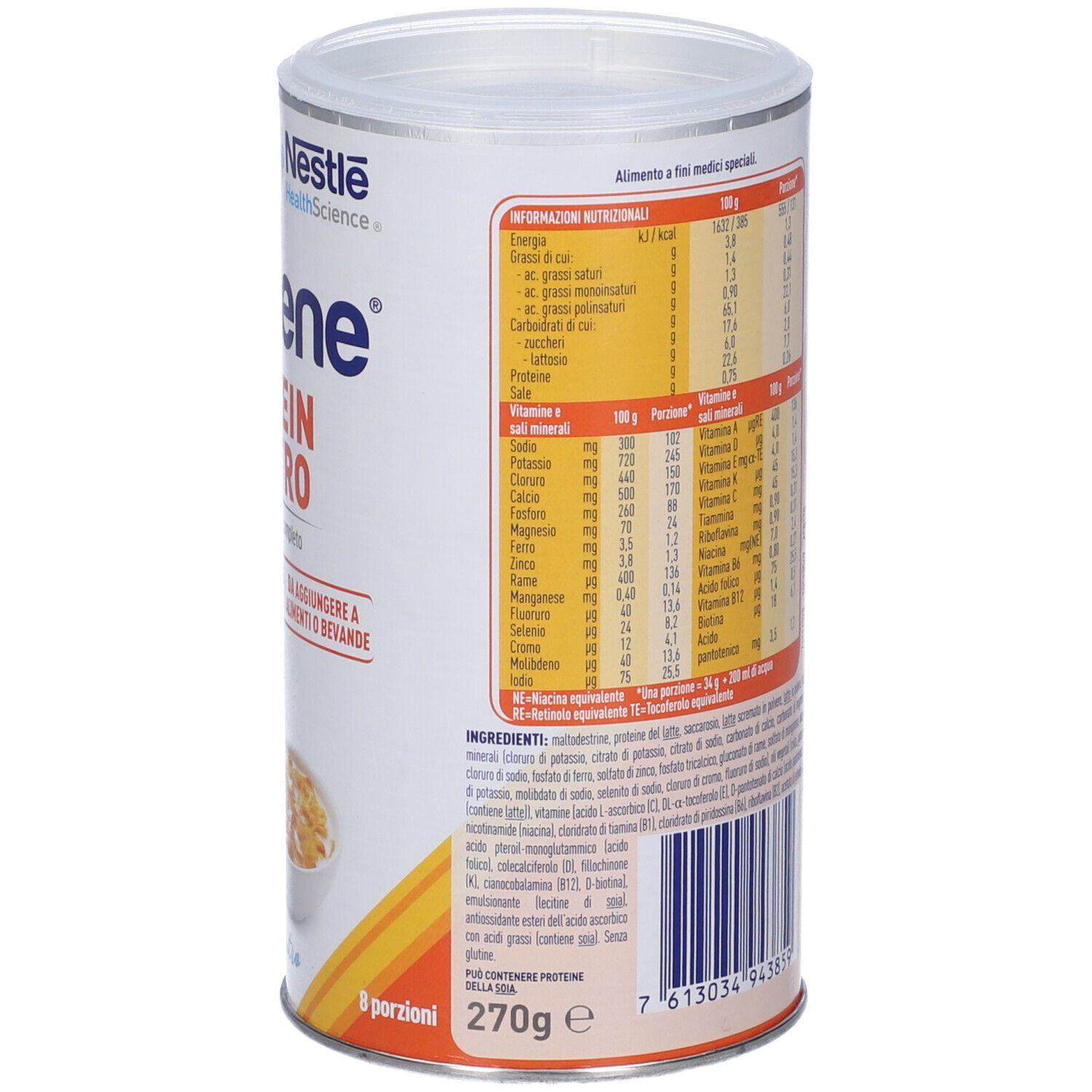 Barattolo Meritene Protein Neutro. Retro con informazioni nutrizionali e lista ingredienti. 270g.
