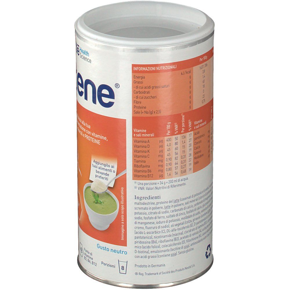 Barattolo Meritene Protein Neutro. Retro con informazioni nutrizionali e lista ingredienti. Coperchio aperto. Colori tenui.