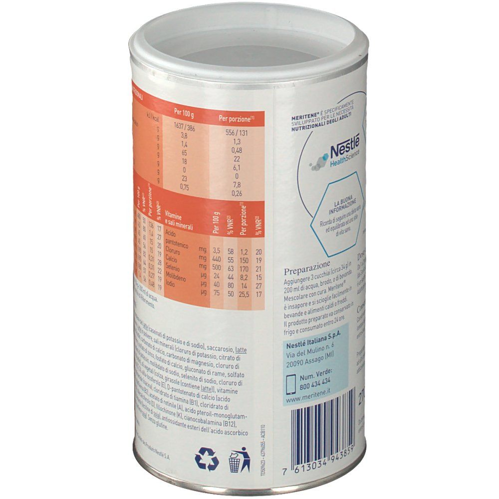 Barattolo Meritene Protein Neutro. Retro con informazioni nutrizionali e lista ingredienti. Coperchio aperto. Colori tenui.