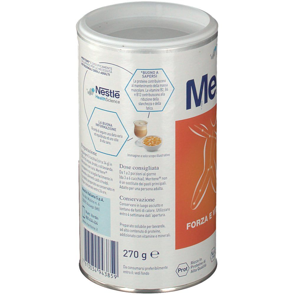 Barattolo Meritene Protein Neutro. Retro con informazioni preparazione e dosaggio. Coperchio aperto. 270 g.
