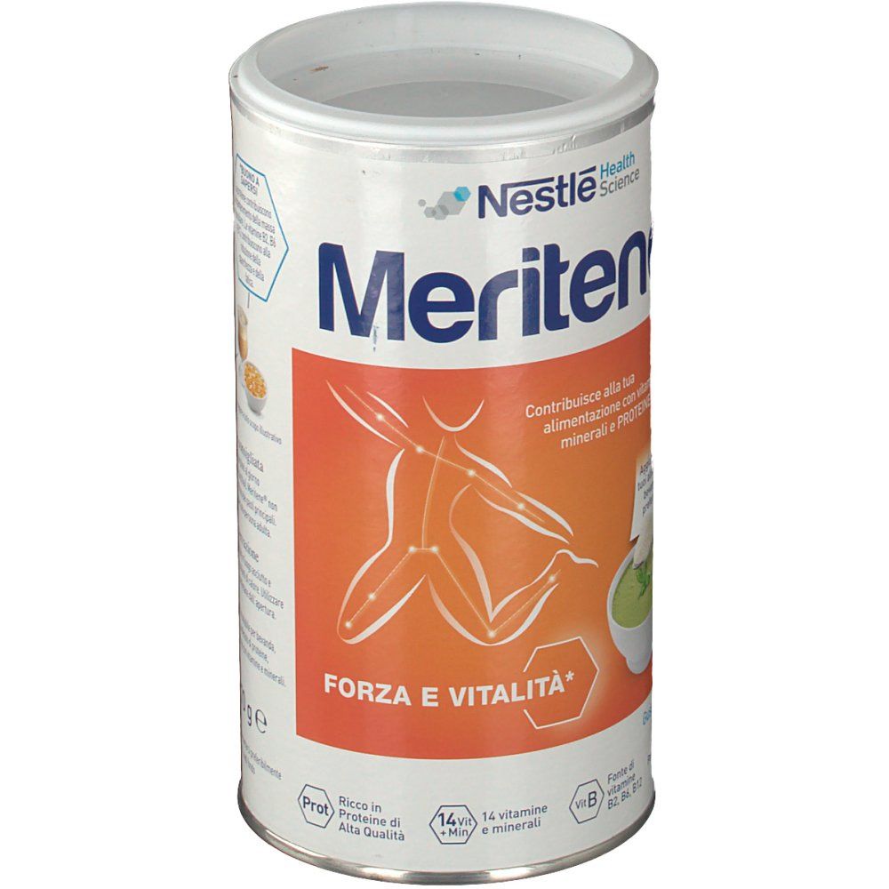 Barattolo Meritene. Scritta: Forza e Vitalità. Logo Nestle Health Science. Immagine di una persona.