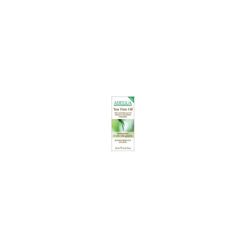 Flacone di olio di Tea Tree Adegua Active, 10 ml. Confezione con nome e informazioni sul prodotto.