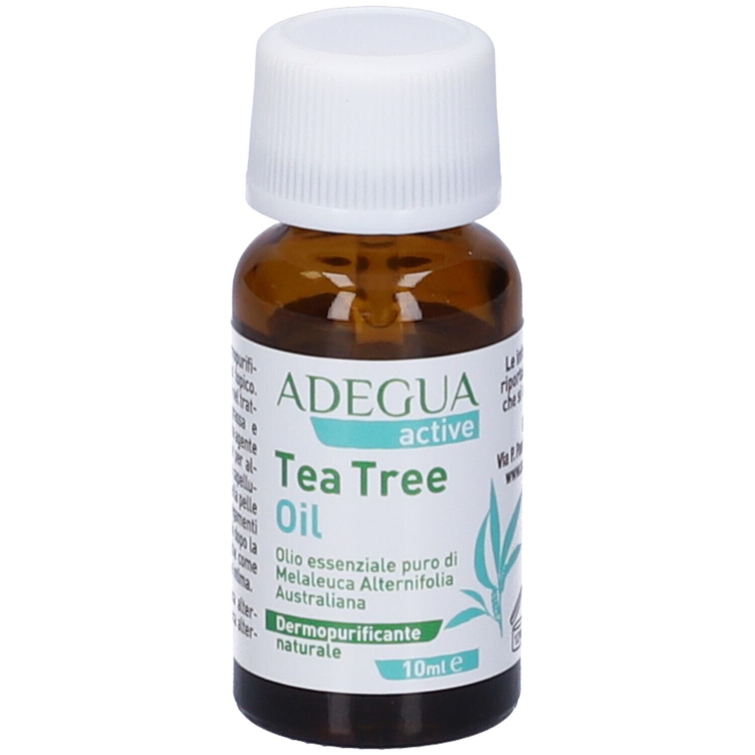 Flacone di vetro marrone con tappo bianco. Etichetta con nome, ingredienti e volume: 10 ml.
