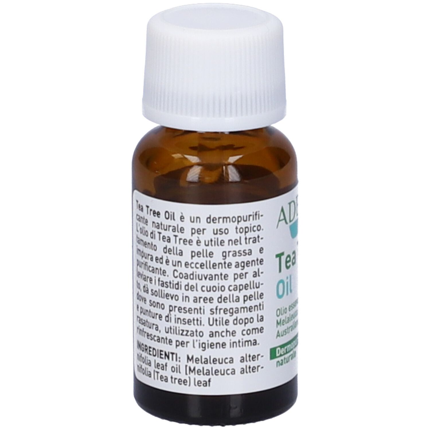 Flacone di vetro marrone con tappo bianco. Retro dell'etichetta con ingredienti e informazioni del produttore.