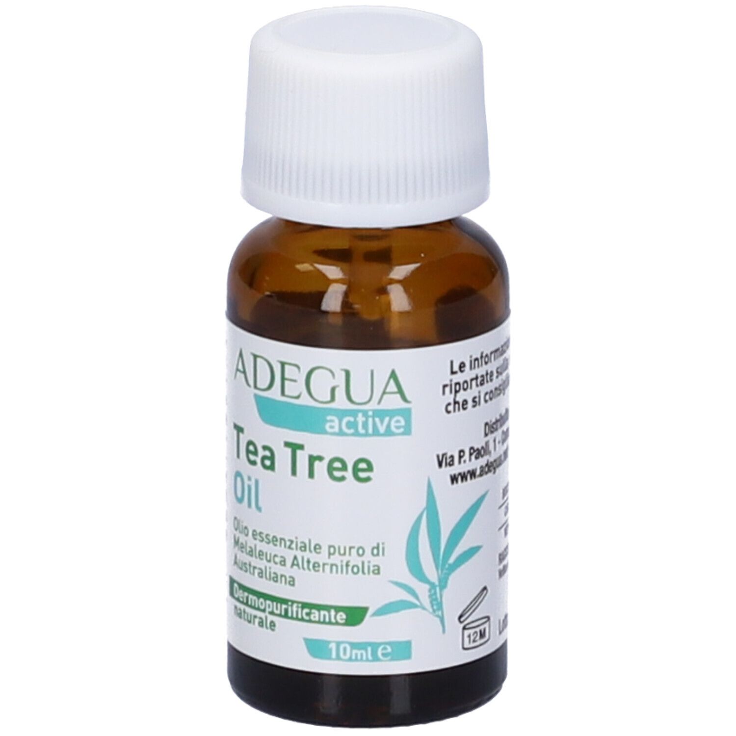 Flacone di vetro marrone con tappo bianco. Etichetta con nome, ingredienti e volume: 10 ml.