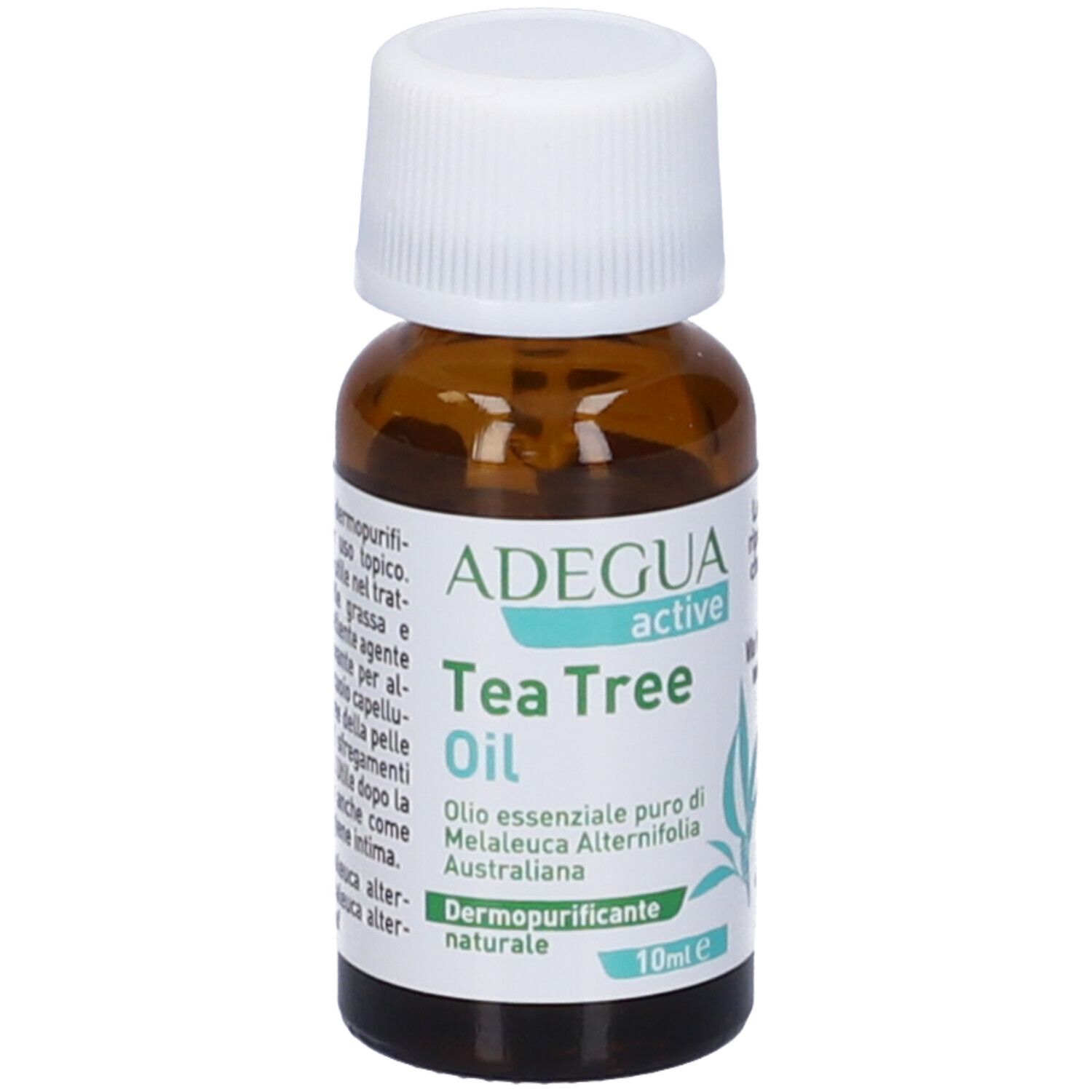 Flacone di vetro marrone con tappo bianco. Etichetta con nome, ingredienti e volume: 10 ml.
