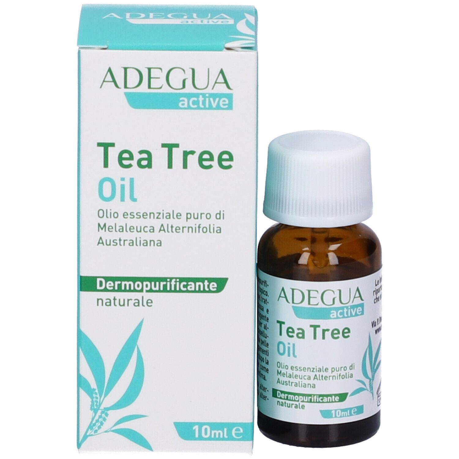 Adegua Active Tea Tree Oil, flacone da 10 ml e confezione. Nome del prodotto e informazioni sulla confezione.