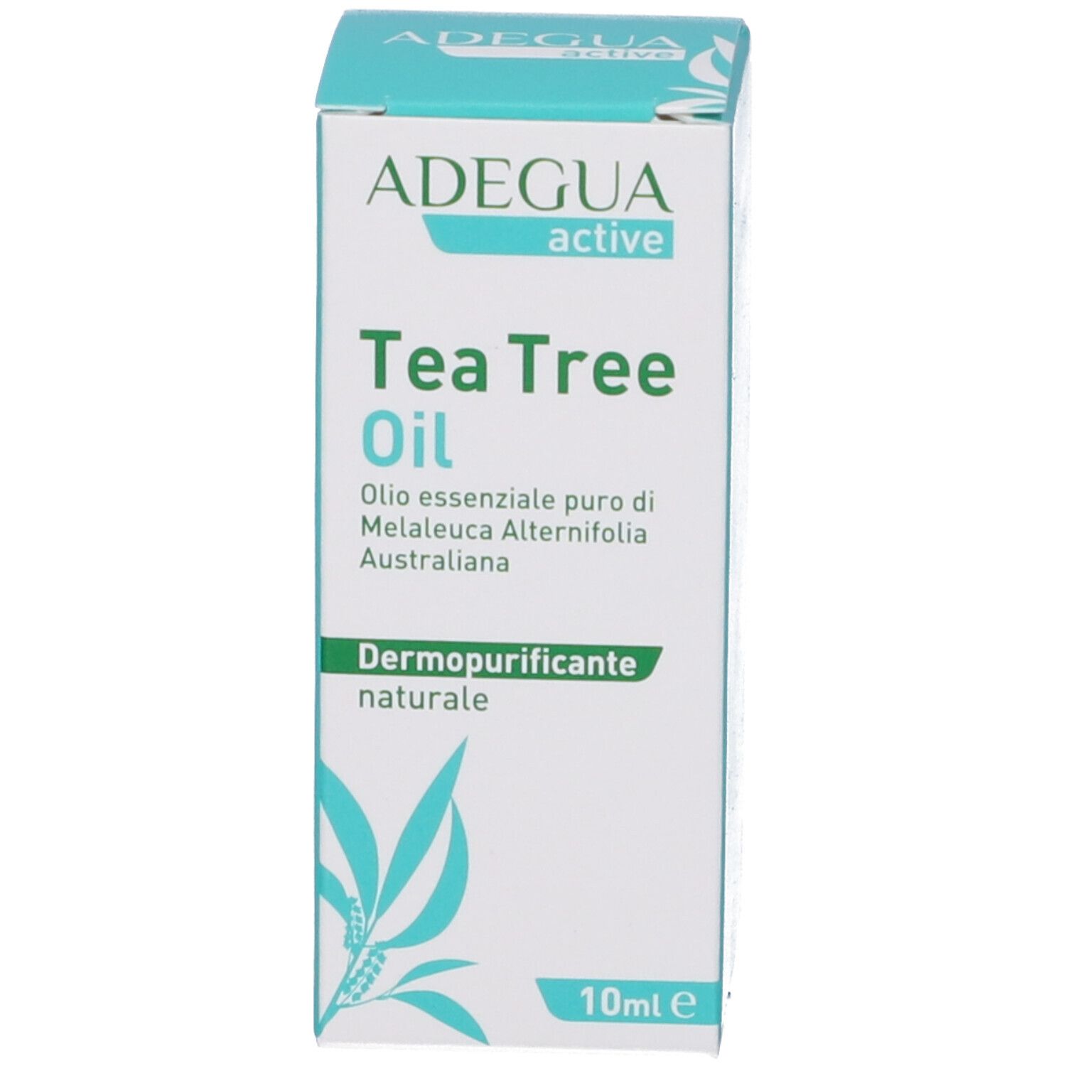 Confezione del prodotto Adegua Active Tea Tree Oil, 10 ml. Nome del prodotto e informazioni sulla confezione.