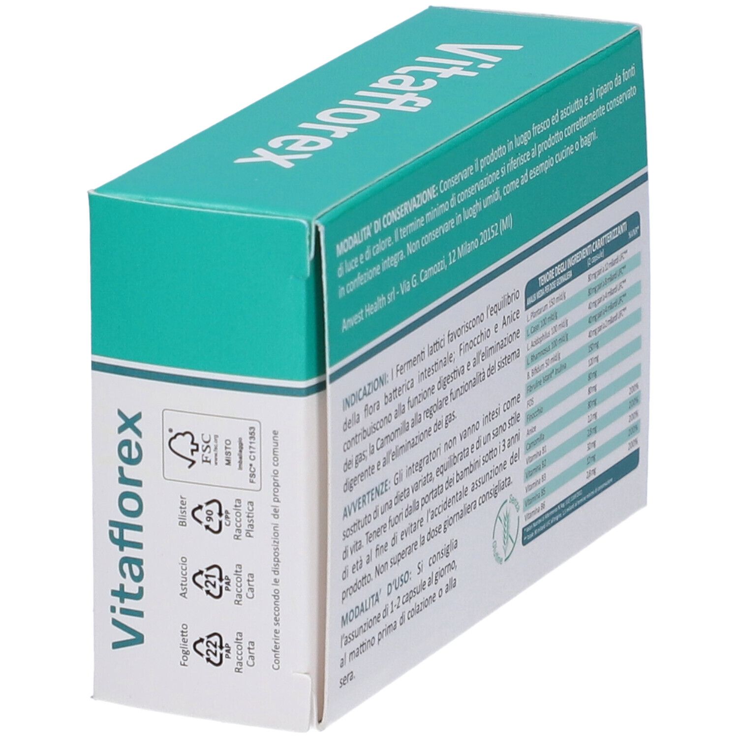 Scatola con scritta Vitaflorex. Logo con simbolo intestinale. Testo: probiotici, finocchio, anice, camomilla. Indirizzo del produttore: Anvest Health.