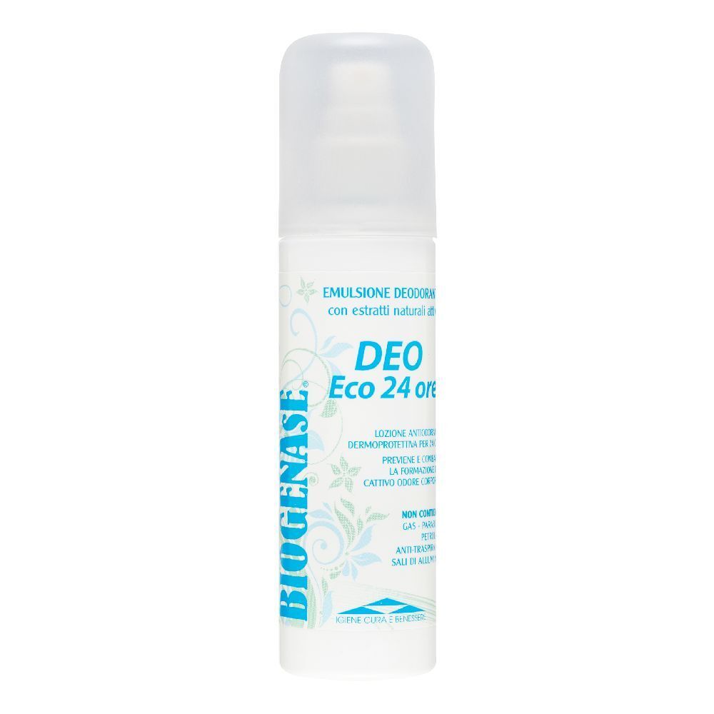Spray bianco con erogatore e tappo. Scritta: Biogenase, Deo Eco 24 ore. Design floreale.