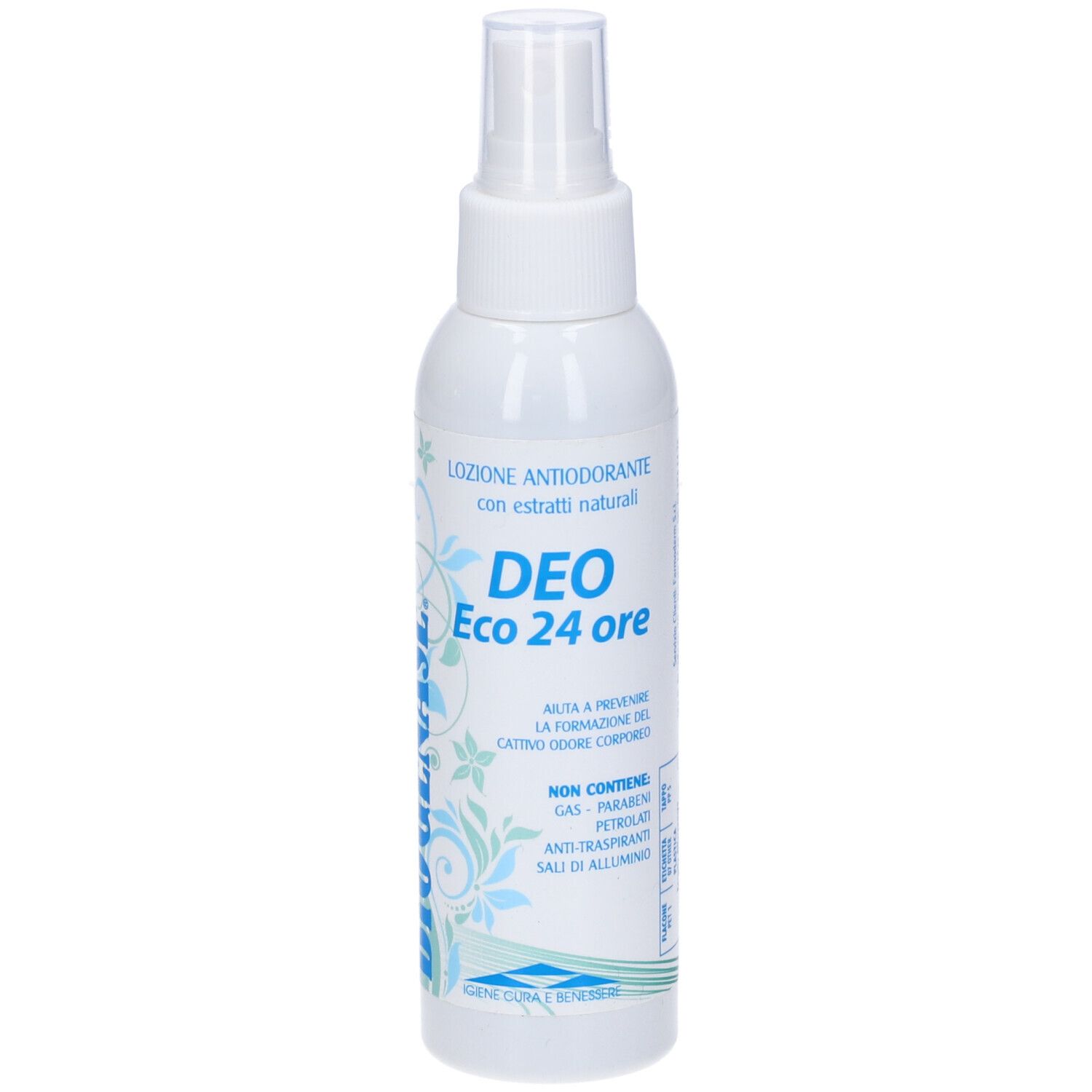 Spray bianco con erogatore. Scritta: Deo Eco 24 ore. Design floreale. Testo: Lozione antiodorante.