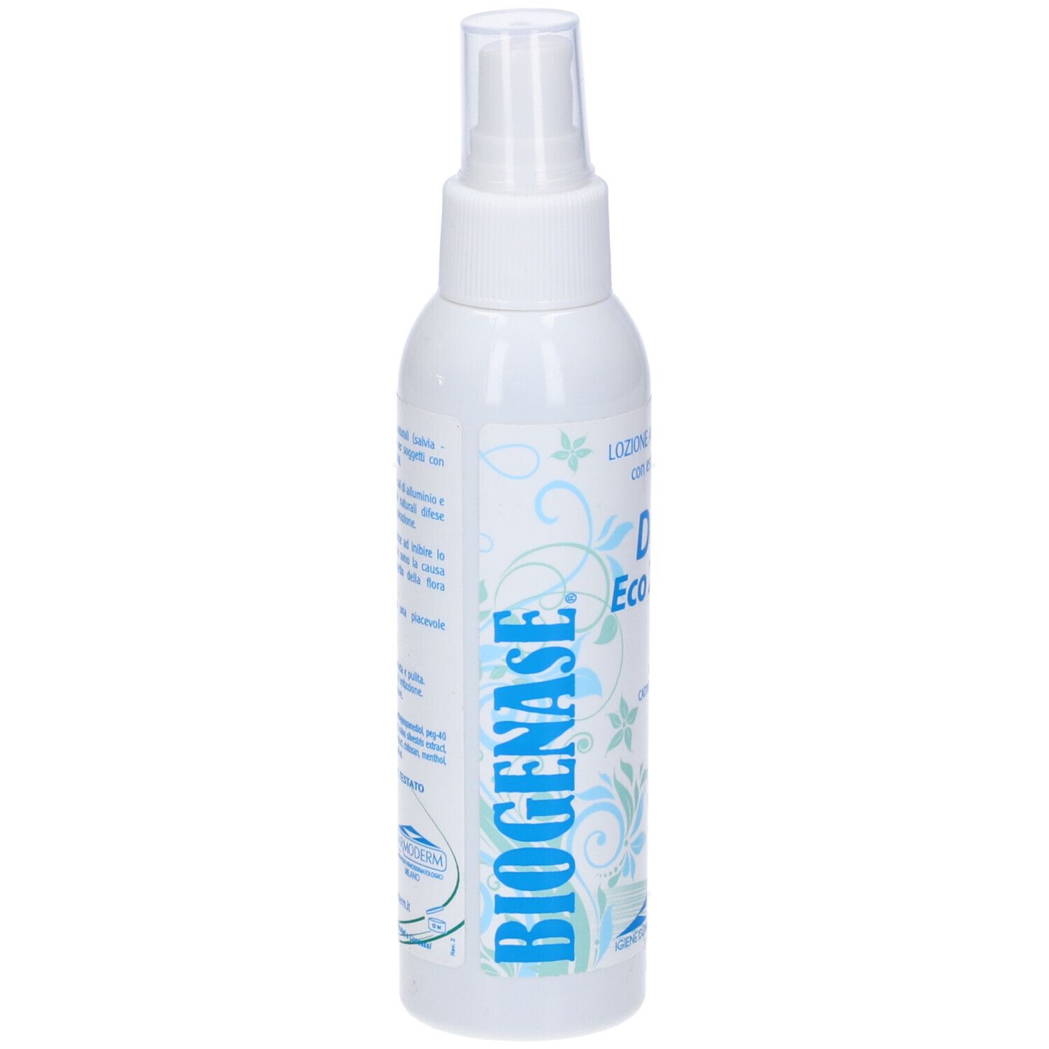 Spray bianco con erogatore. Scritta: Biogenase, Deo Eco 24 ore. Design floreale. Testo: Lozione antiodorante.