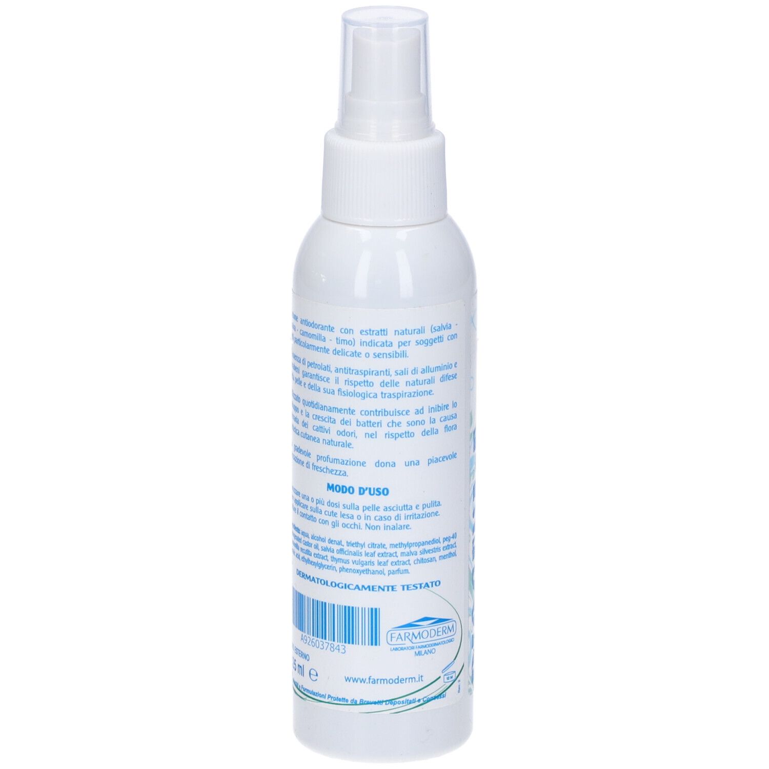 Spray bianco con erogatore. Retro con testo. Scritta: Deo Eco 24 ore. Testo: Modo d'uso, Dermatologicamente testato.