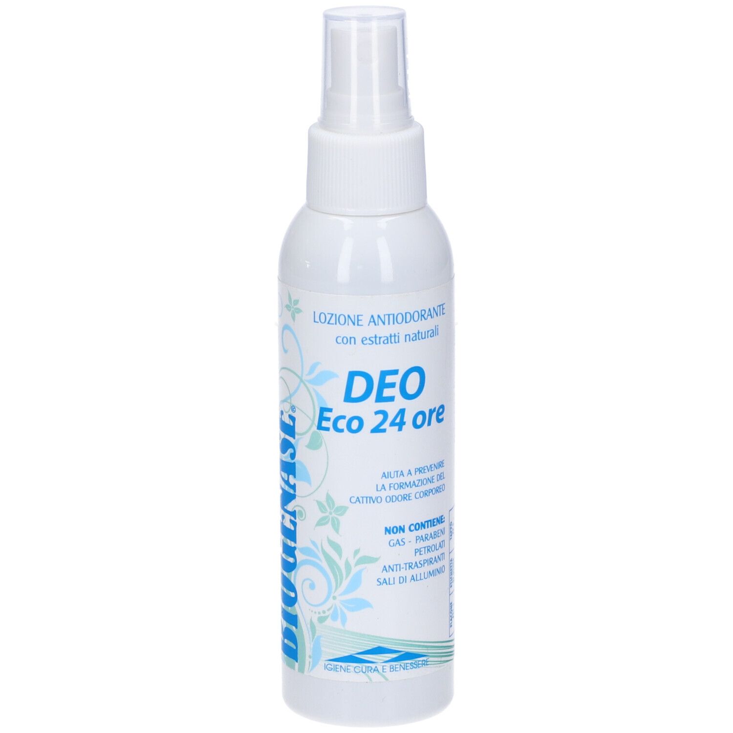Spray bianco con erogatore. Scritta: Deo Eco 24 ore. Testo: Lozione antiodorante. Design floreale. Biogenase.