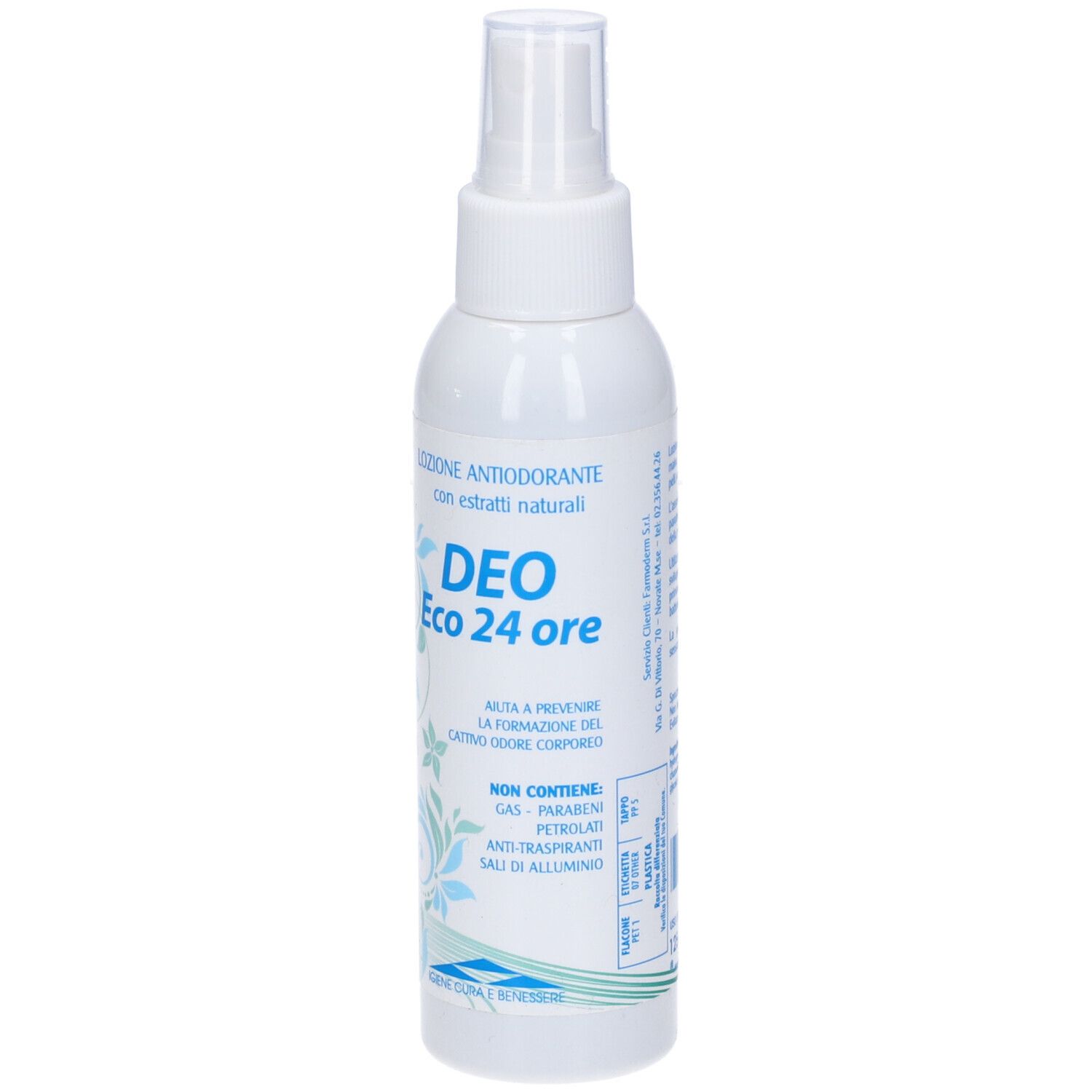 Spray bianco con erogatore. Scritta: Deo Eco 24 ore. Testo: Lozione antiodorante. Design floreale.