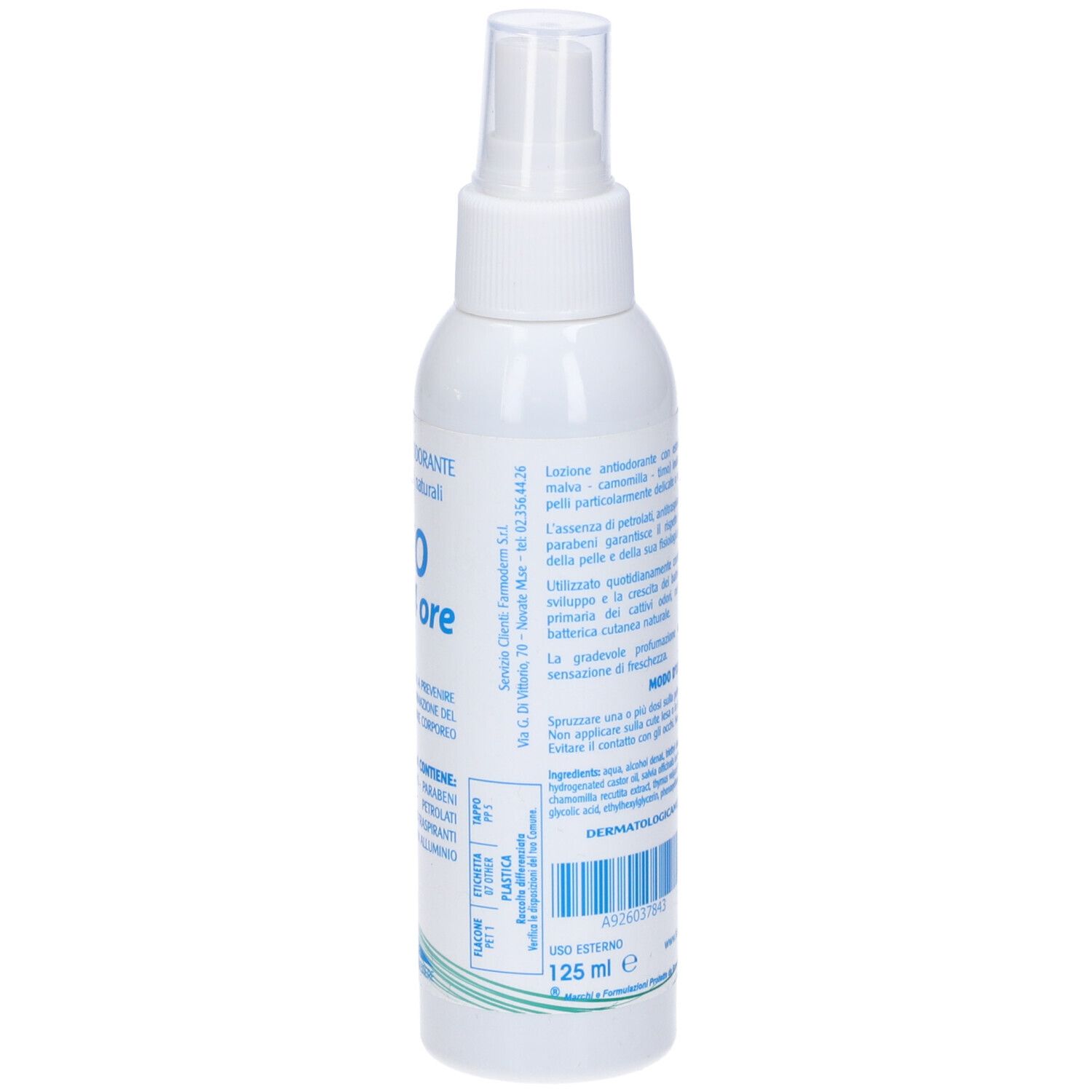 Spray bianco con erogatore. Retro con testo. Scritta: Deo Eco 24 ore. Testo: Lozione antiodorante. 125 ml.