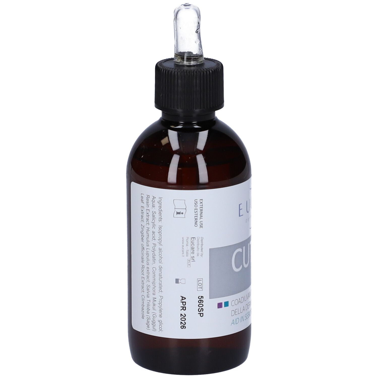 Flacone di vetro marrone con tappo nero e pipetta. Etichetta con ingredienti e data di scadenza. Marchio: EUCARE.