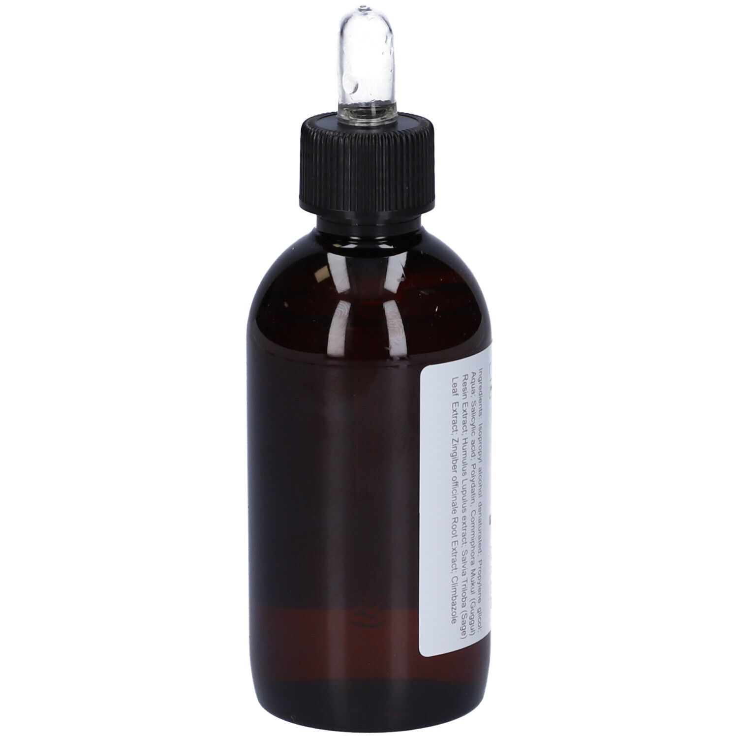 Flacone di vetro marrone con tappo nero e pipetta. Etichetta con ingredienti. Marchio: EUCARE.