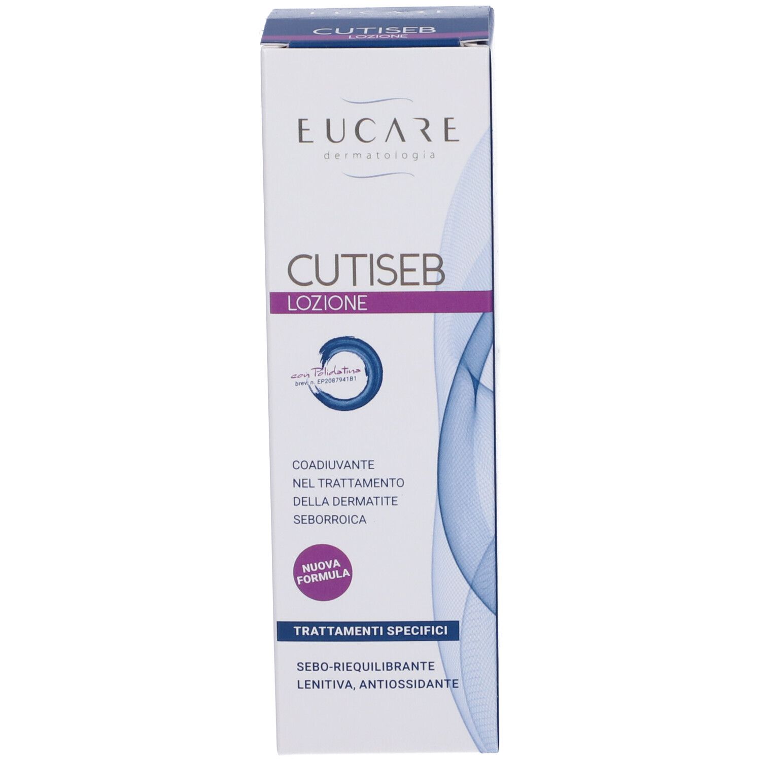Scatola bianca con nome del prodotto e testo. Marchio: EUCARE. Elementi di design blu e viola. Nome del prodotto: Cutiseb Lozione.