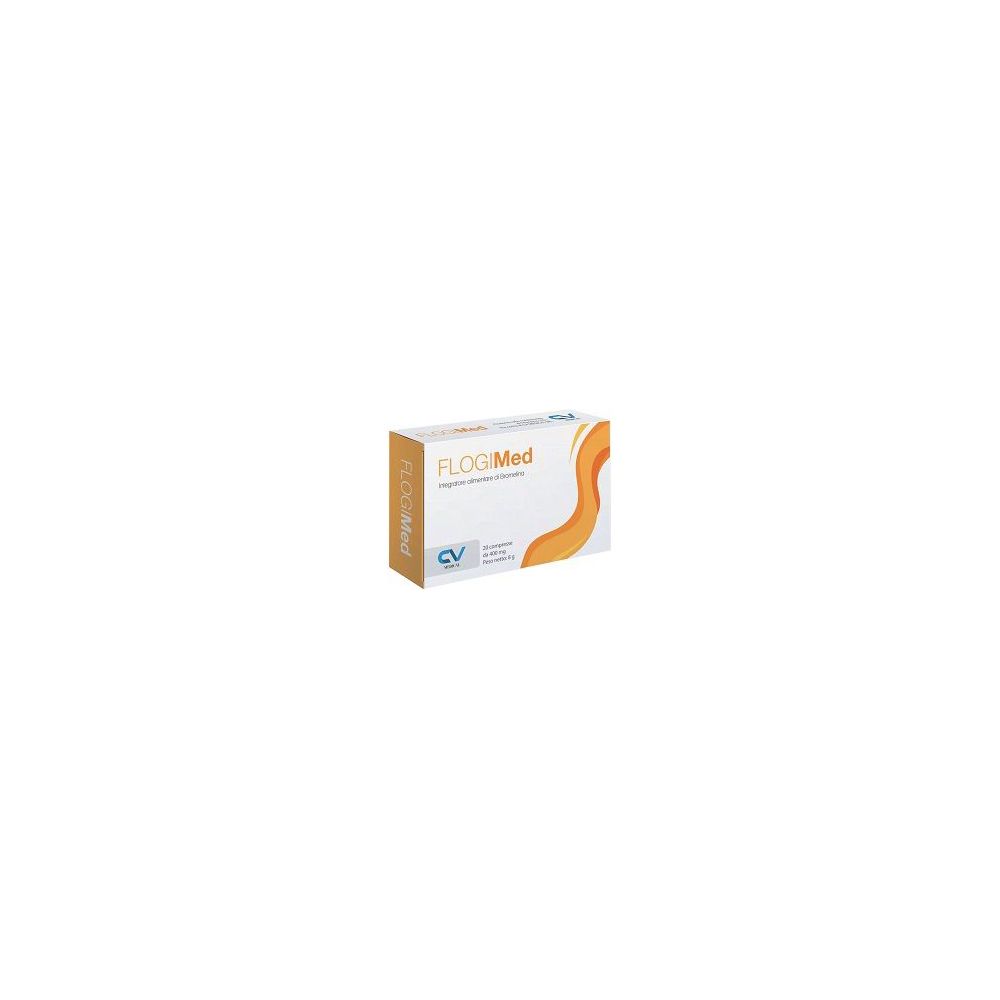 Scatola Flogimed. Confezione bianca e arancione. Logo CV Medical.