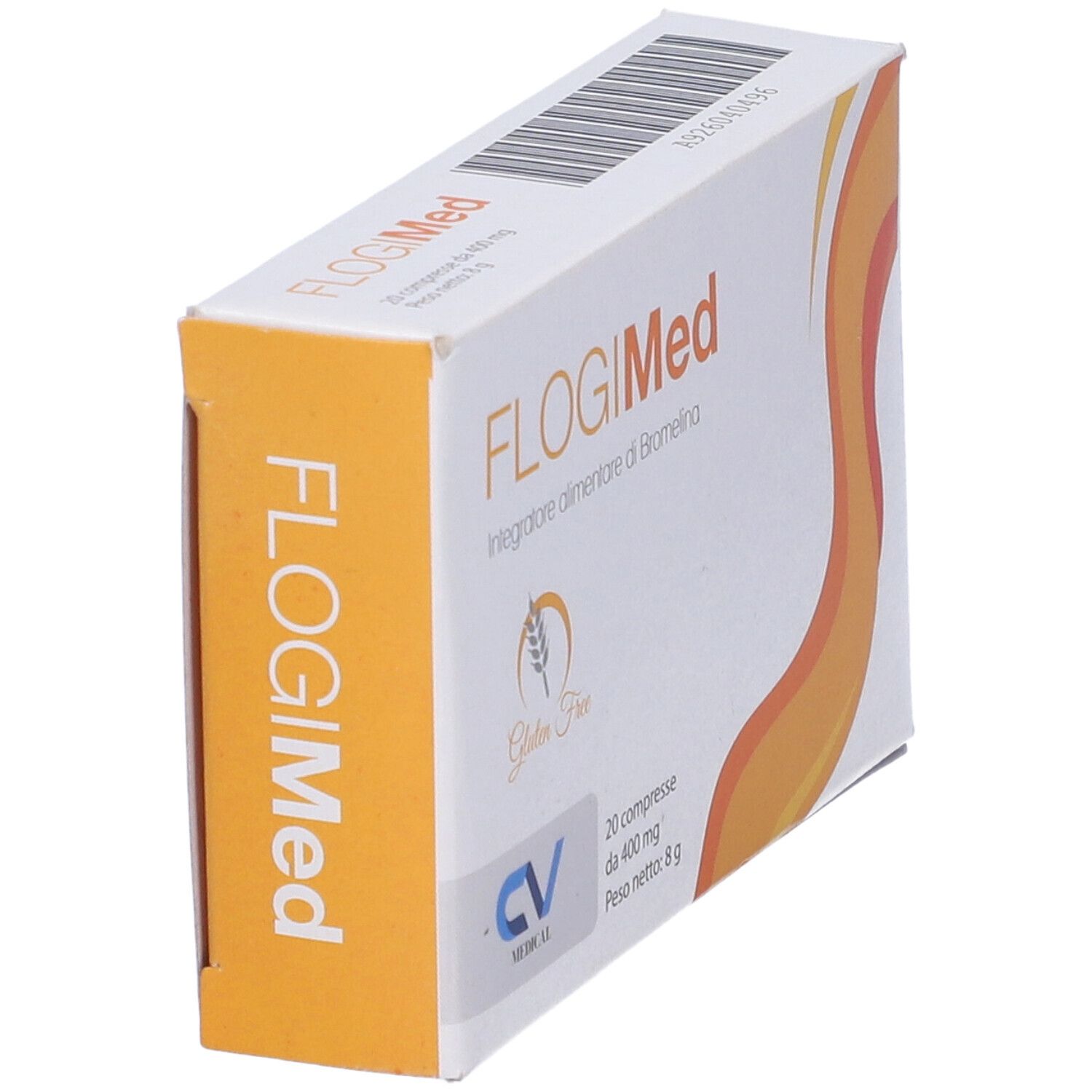 Scatola Flogimed. 20 compresse. Senza glutine. Logo CV Medical. Design arancione.