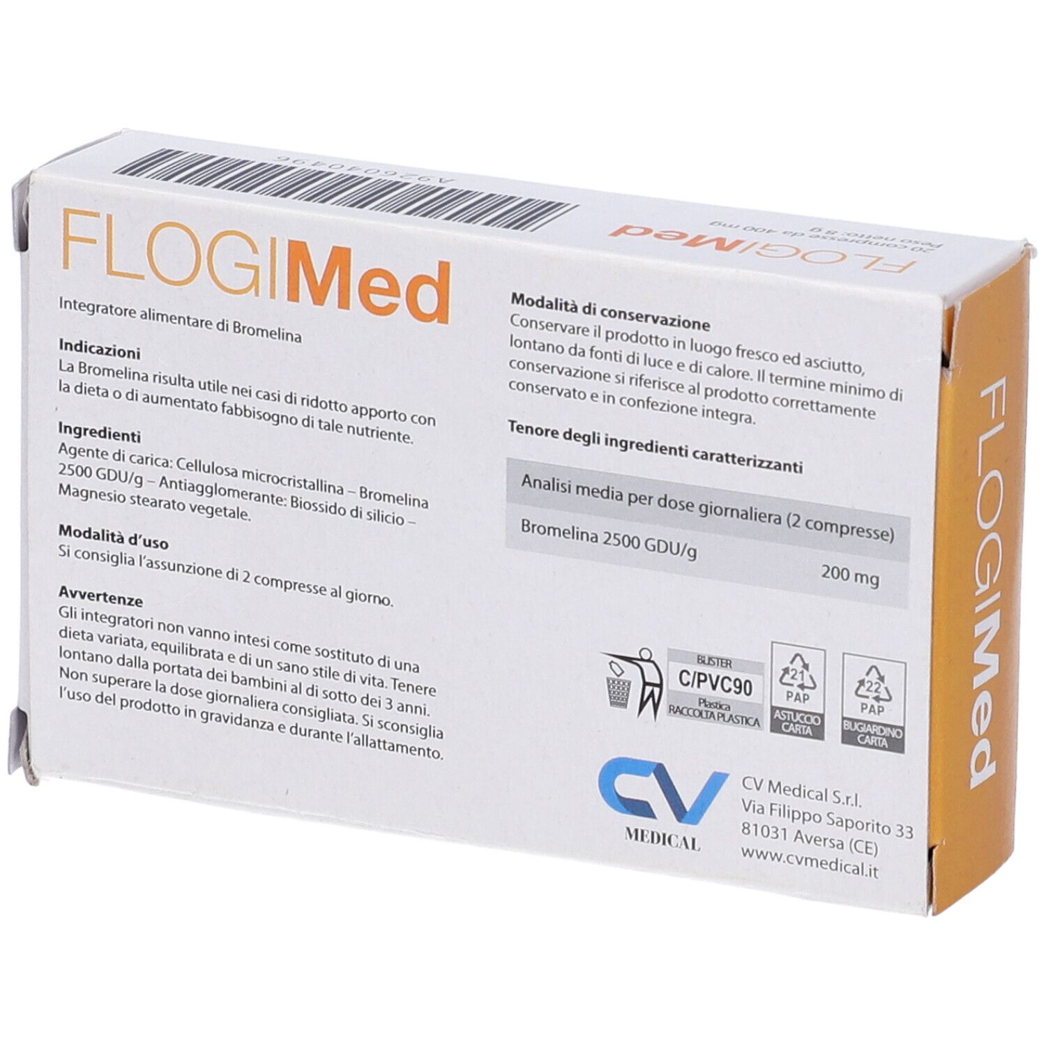 Scatola Flogimed. Retro con ingredienti e informazioni. Logo CV Medical.