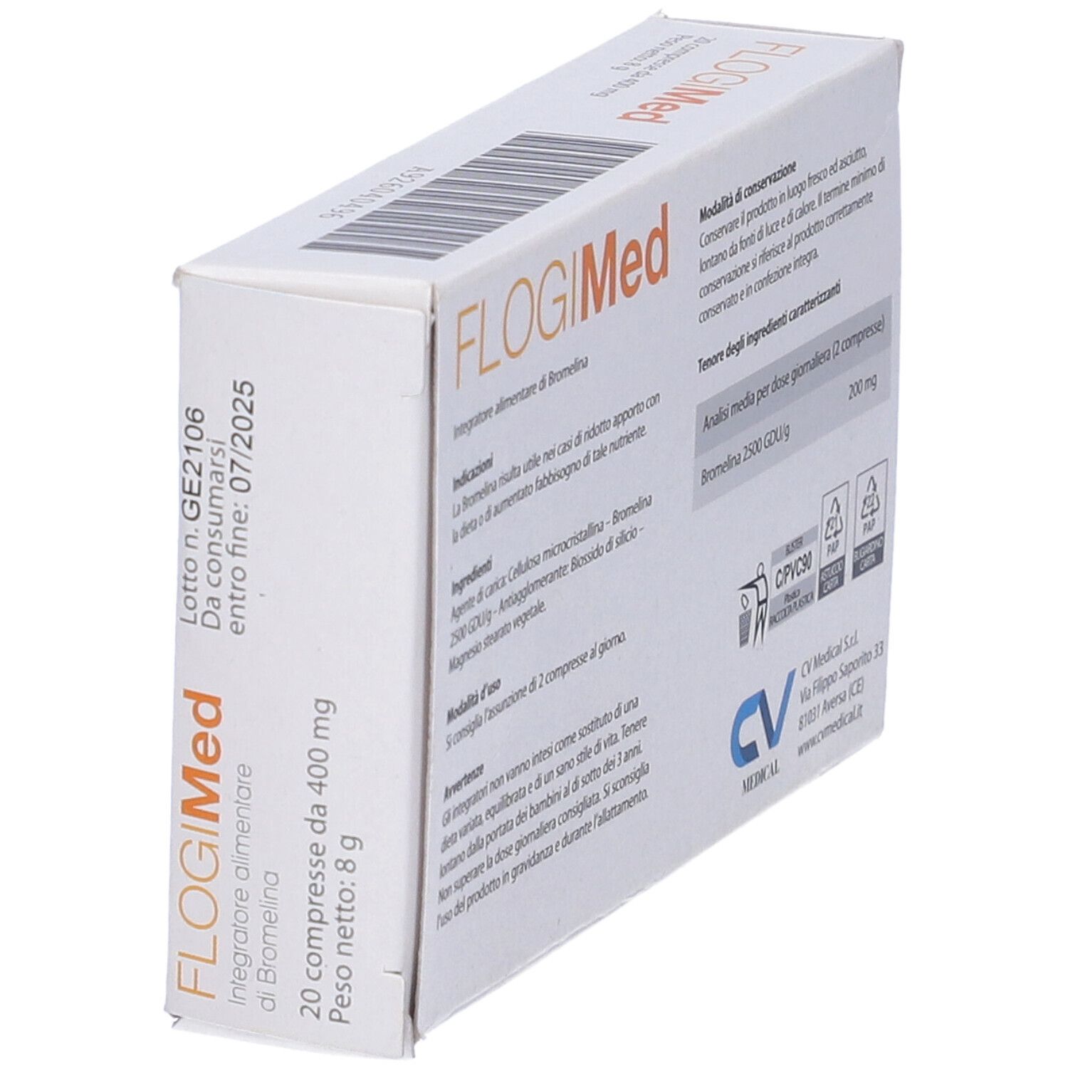 Scatola Flogimed. Retro con ingredienti e informazioni. Logo CV Medical.