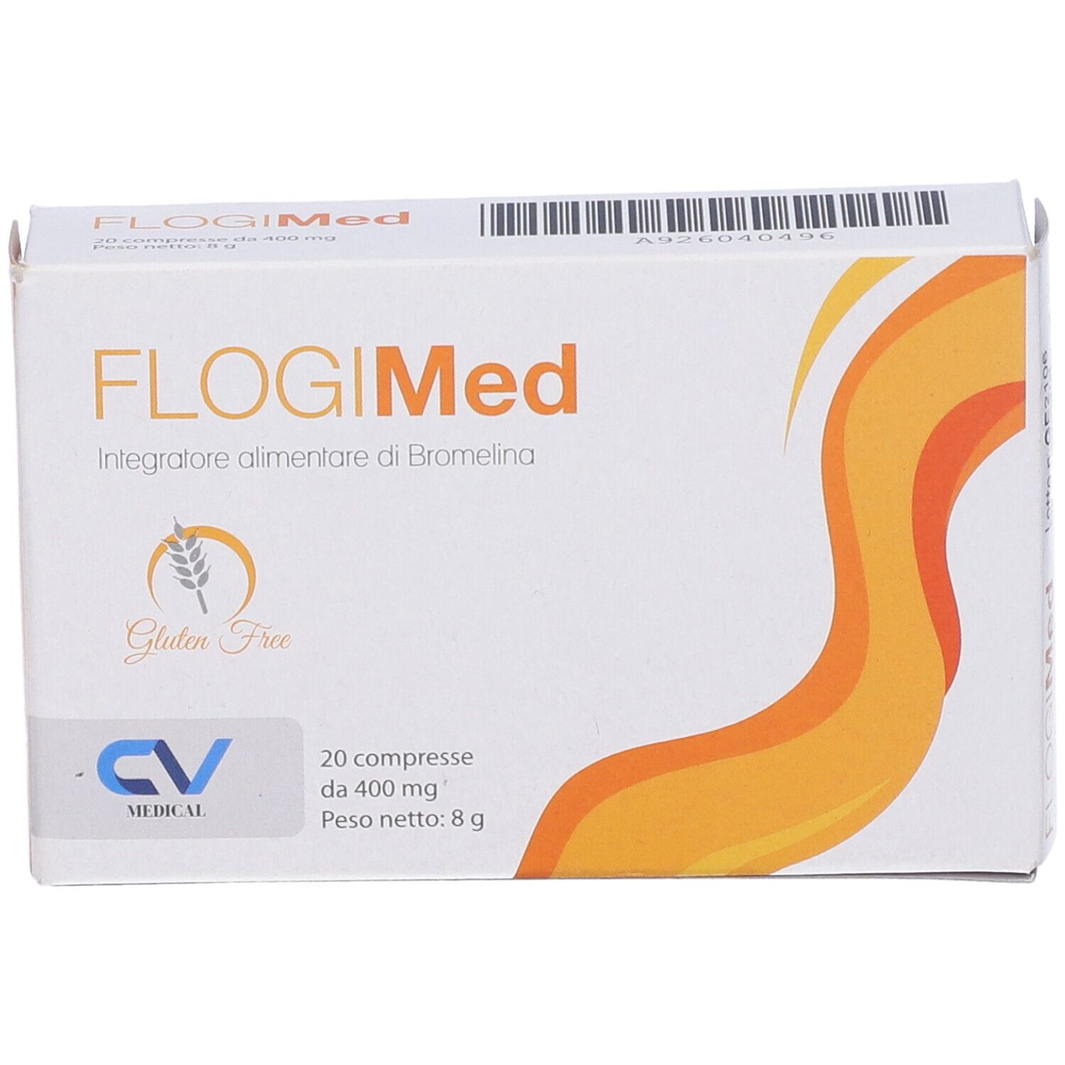 Scatola Flogimed. 20 compresse. Senza glutine. Logo CV Medical. Design arancione.