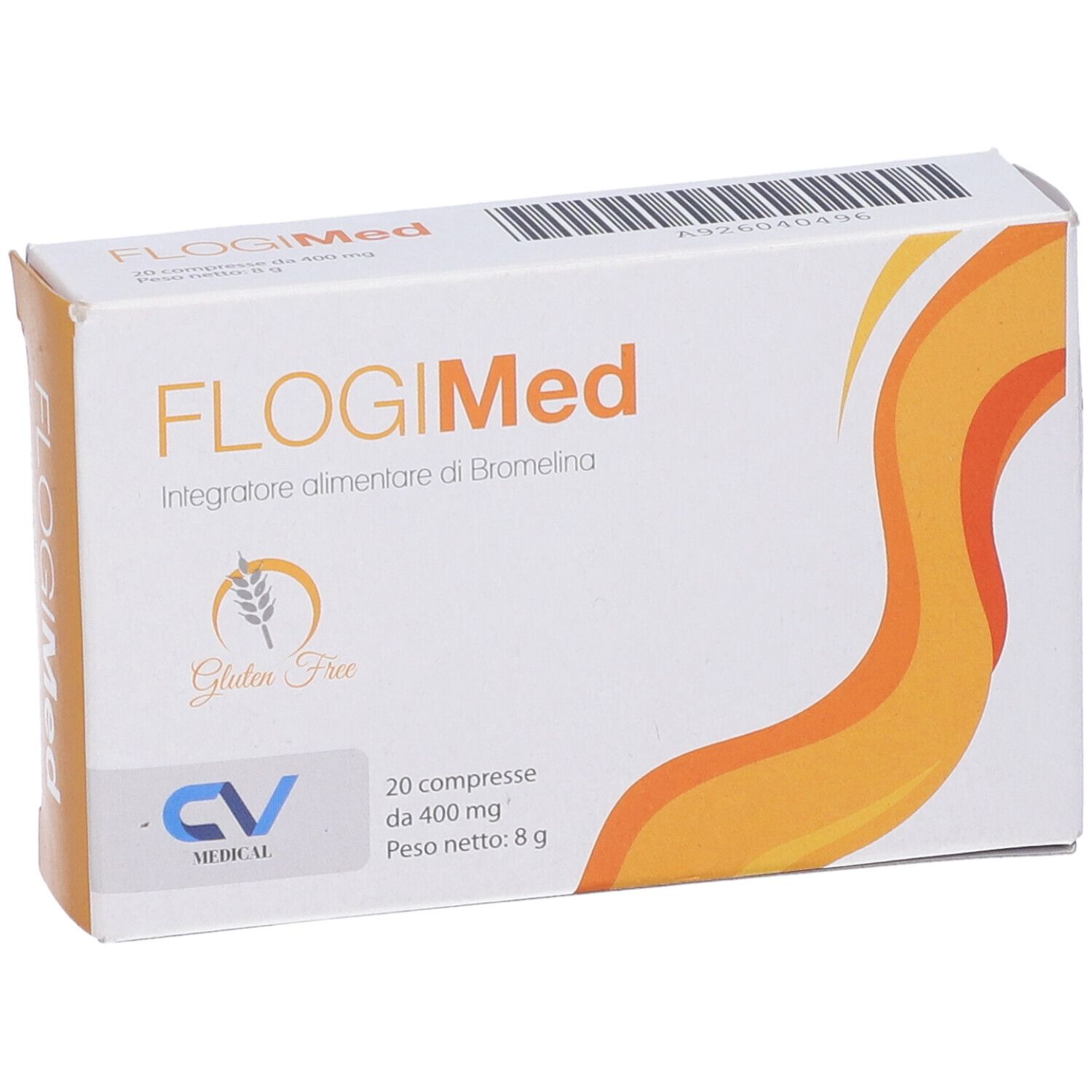 Scatola Flogimed. 20 compresse. Senza glutine. Logo CV Medical. Design arancione.