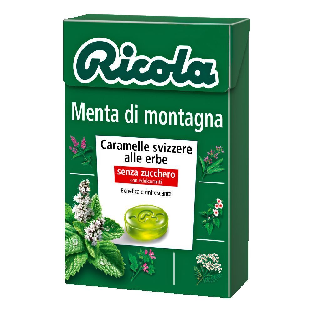 Scatola verde "Ricola" con "Menta di montagna". Caramelle alle erbe senza zucchero. Illustrazione di erbe e caramella. Scritta "senza zucchero".