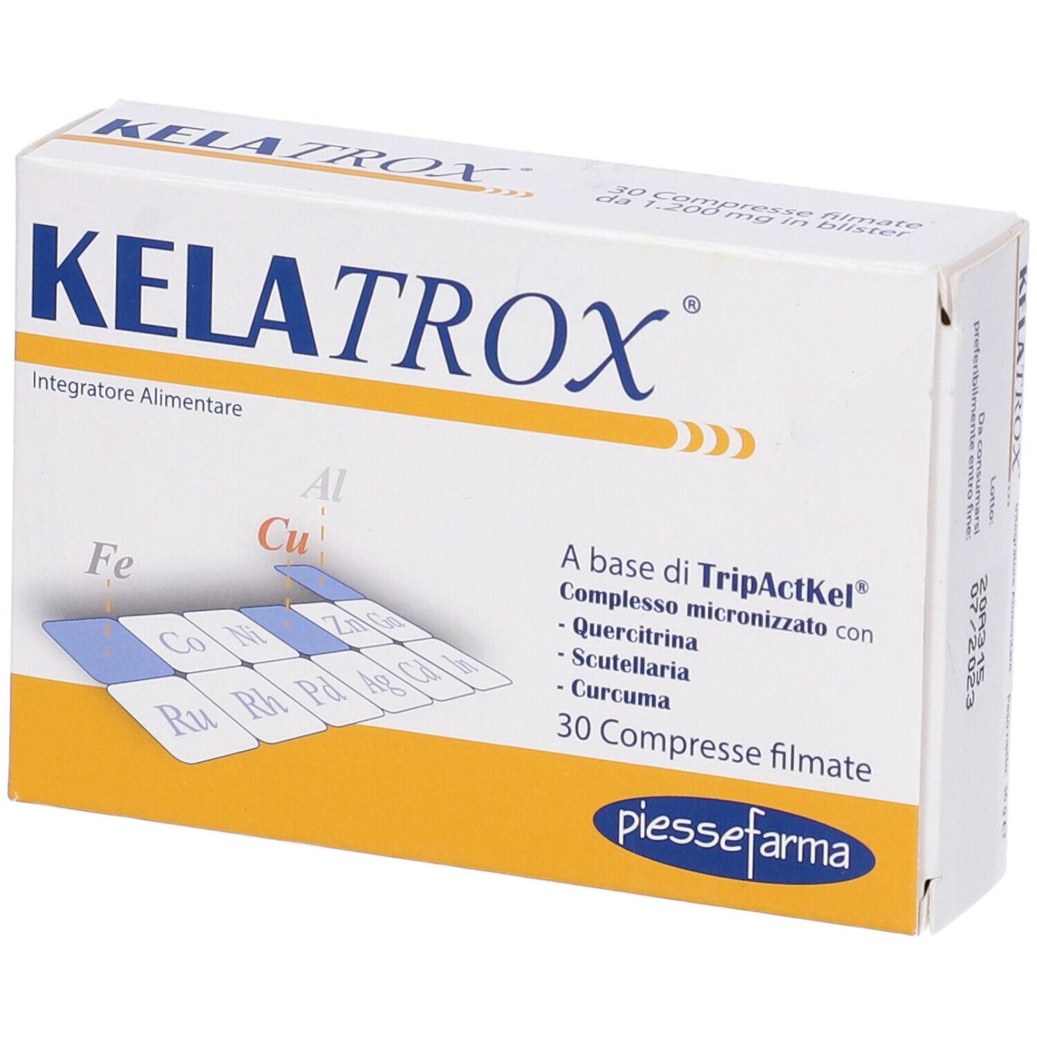 Scatola di compresse Kelatrox. Scritto: 30 compresse. Contiene TripActKel, quercitina, scutellaria, curcuma.