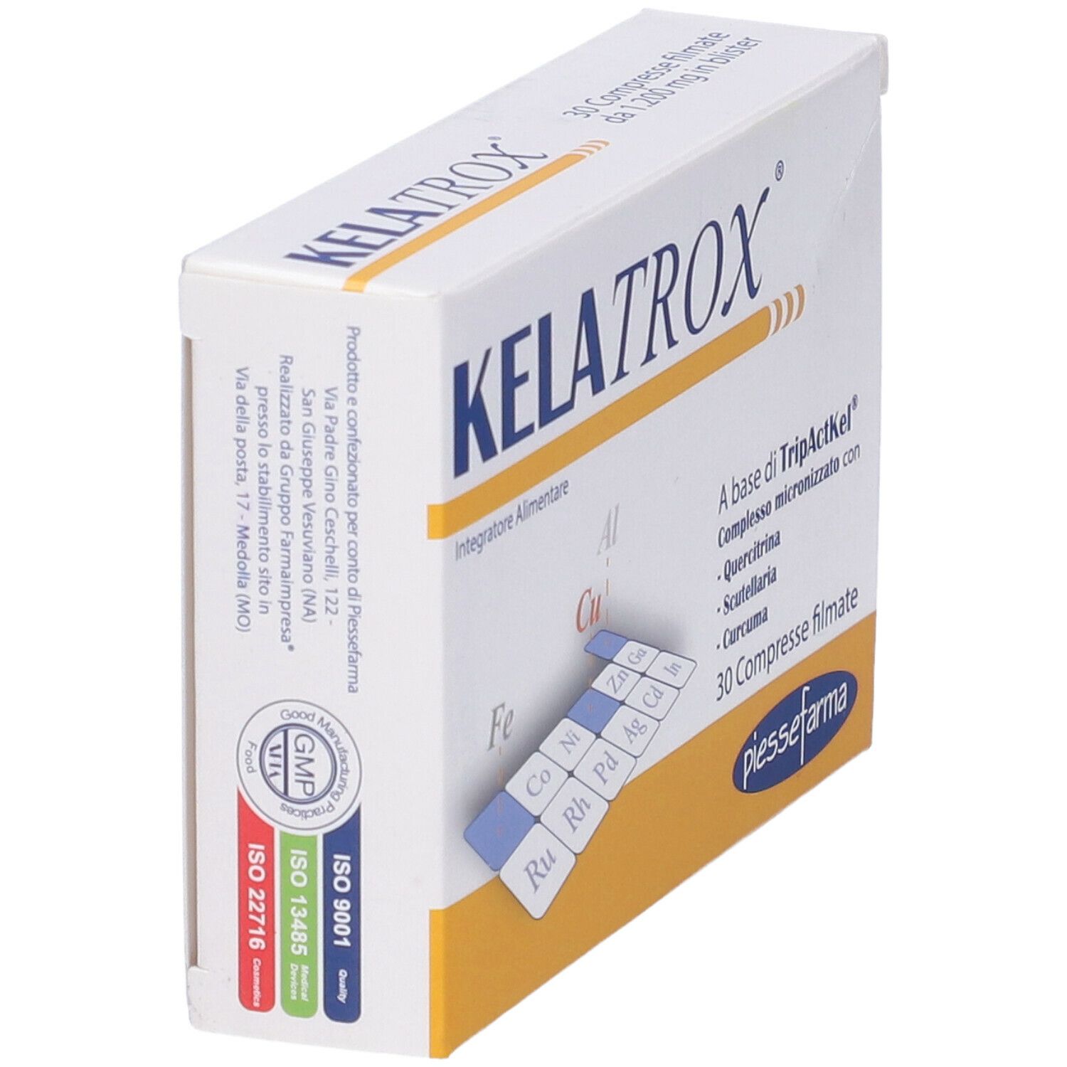 Scatola di compresse Kelatrox. Scritto: 30 compresse. Contiene TripActKel, quercitina, scutellaria, curcuma. Certificazioni ISO e GMP.
