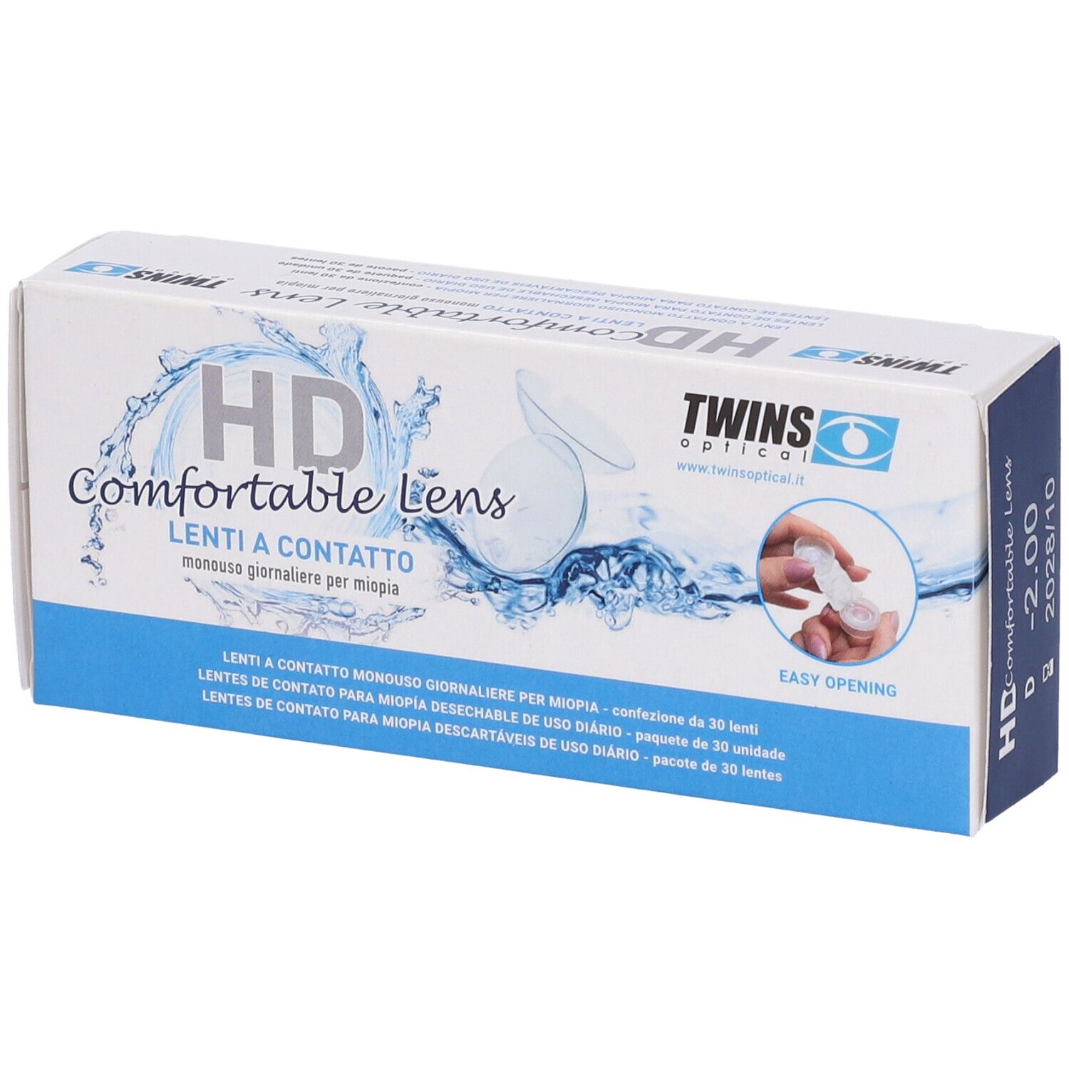 Scatola bianca con testo blu. Scritta: HD Comfortable Lens. Marchio: Twins. Contiene 30 lenti a contatto. Con illustrazione.