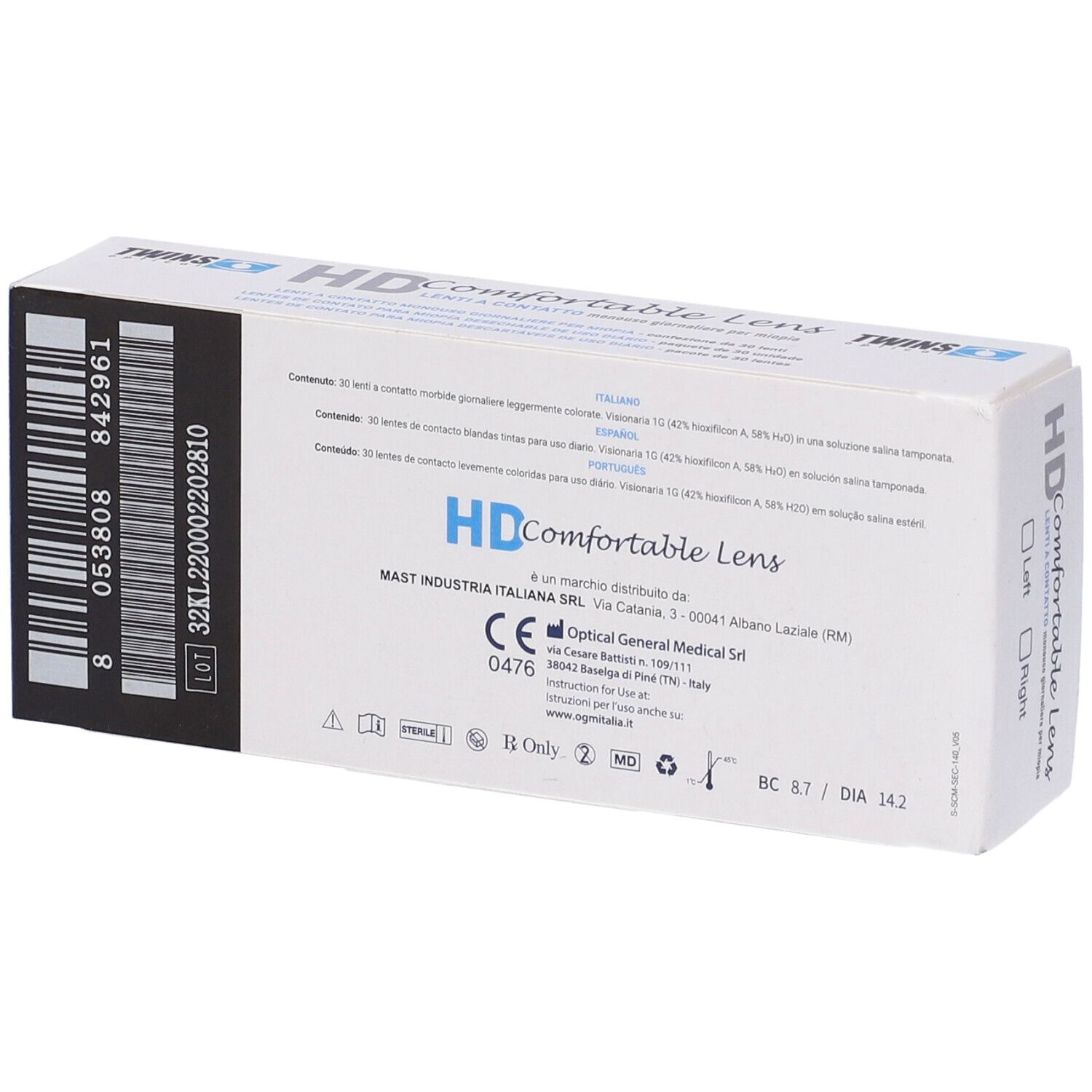 Scatola bianca con testo blu. Scritta: HD Comfortable Lens. Marchio: Twins. Con codice a barre e informazioni tecniche.