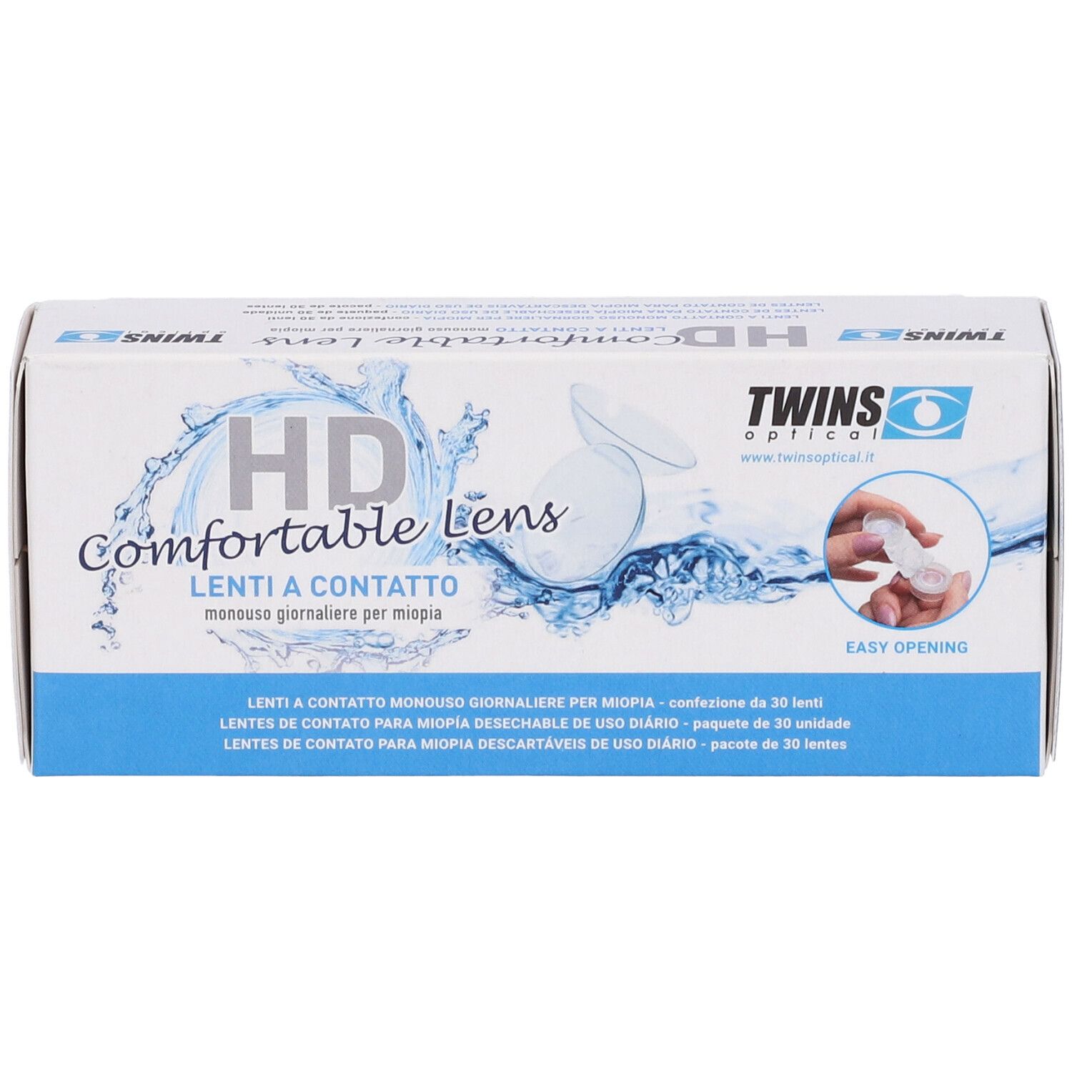 Scatola bianca con testo blu. Scritta: HD Comfortable Lens. Marchio: Twins. Con illustrazione e Easy Opening.