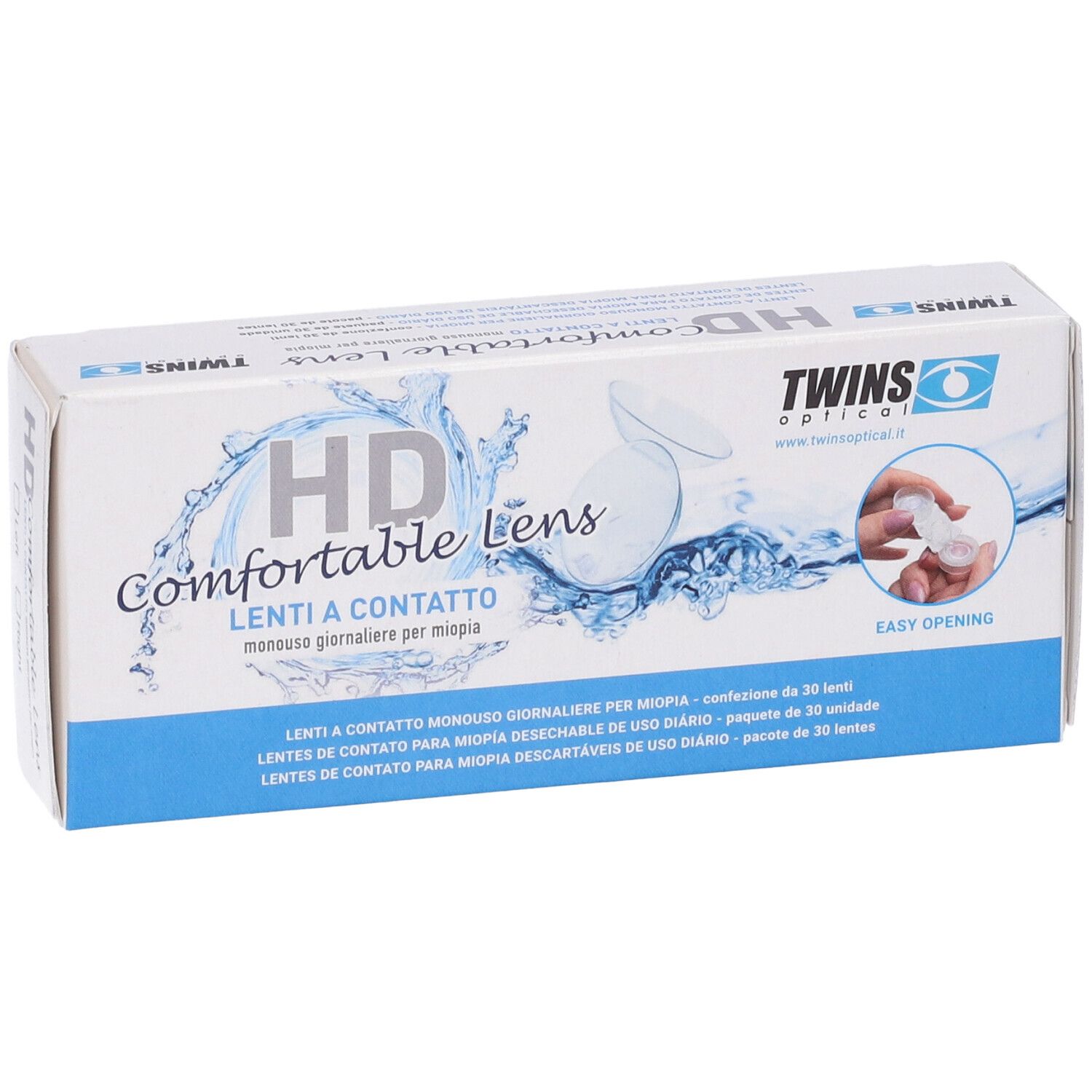 Scatola bianca con testo blu. Scritta: HD Comfortable Lens. Marchio: Twins. Con illustrazione e Easy Opening.