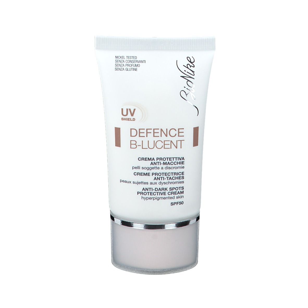 Tube de crème blanc, avec DEFENCE B-LUCENT, crème protectrice anti-taches SPF 50. Marque : BioNike. Sur fond blanc.