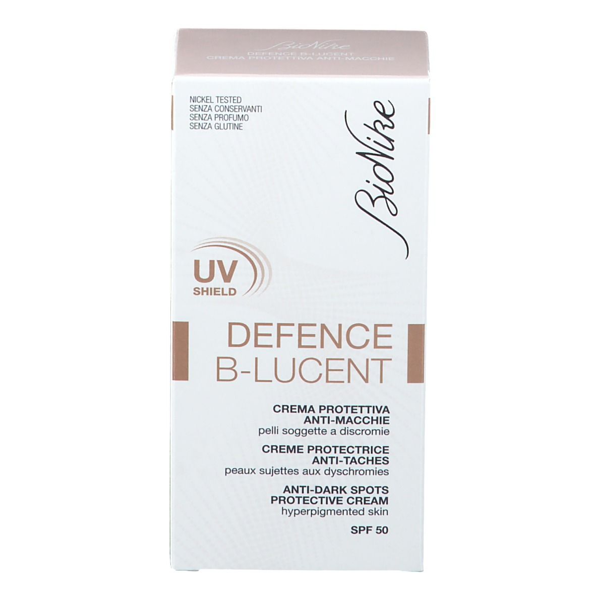 Boîte avec inscription DEFENCE B-LUCENT, crème protectrice anti-taches SPF 50. Marque : BioNike. Sur fond blanc.