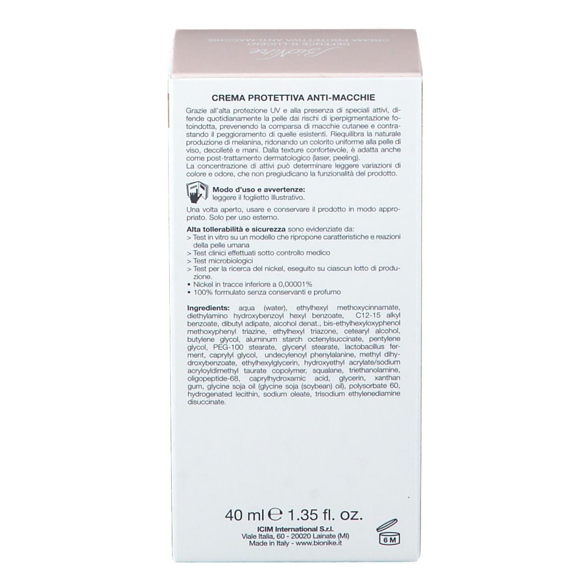 Dos de la boîte. Ingrédients et autres informations. Marque : BioNike. Sur fond blanc.