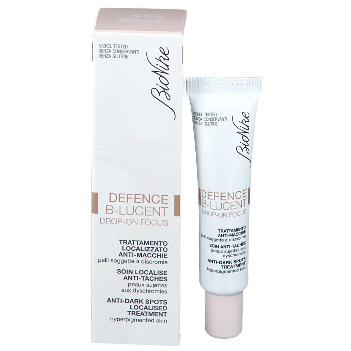 Produit et emballage côte à côte. Tube blanc et boîte avec inscriptions. Marque et nom visibles.