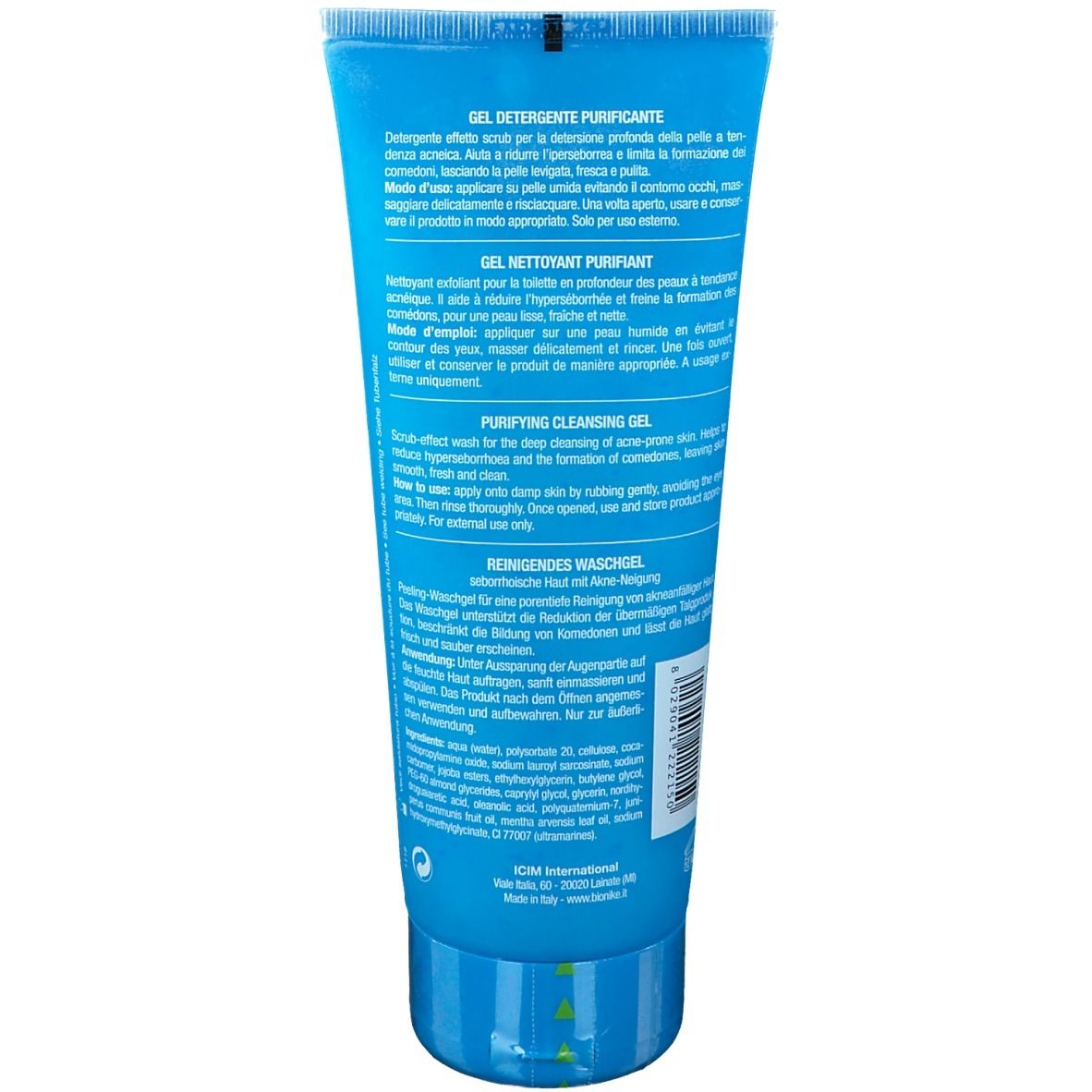 Retro di un tubo di gel detergente blu. Testo in tedesco, francese e inglese. Marchio: BioNike.