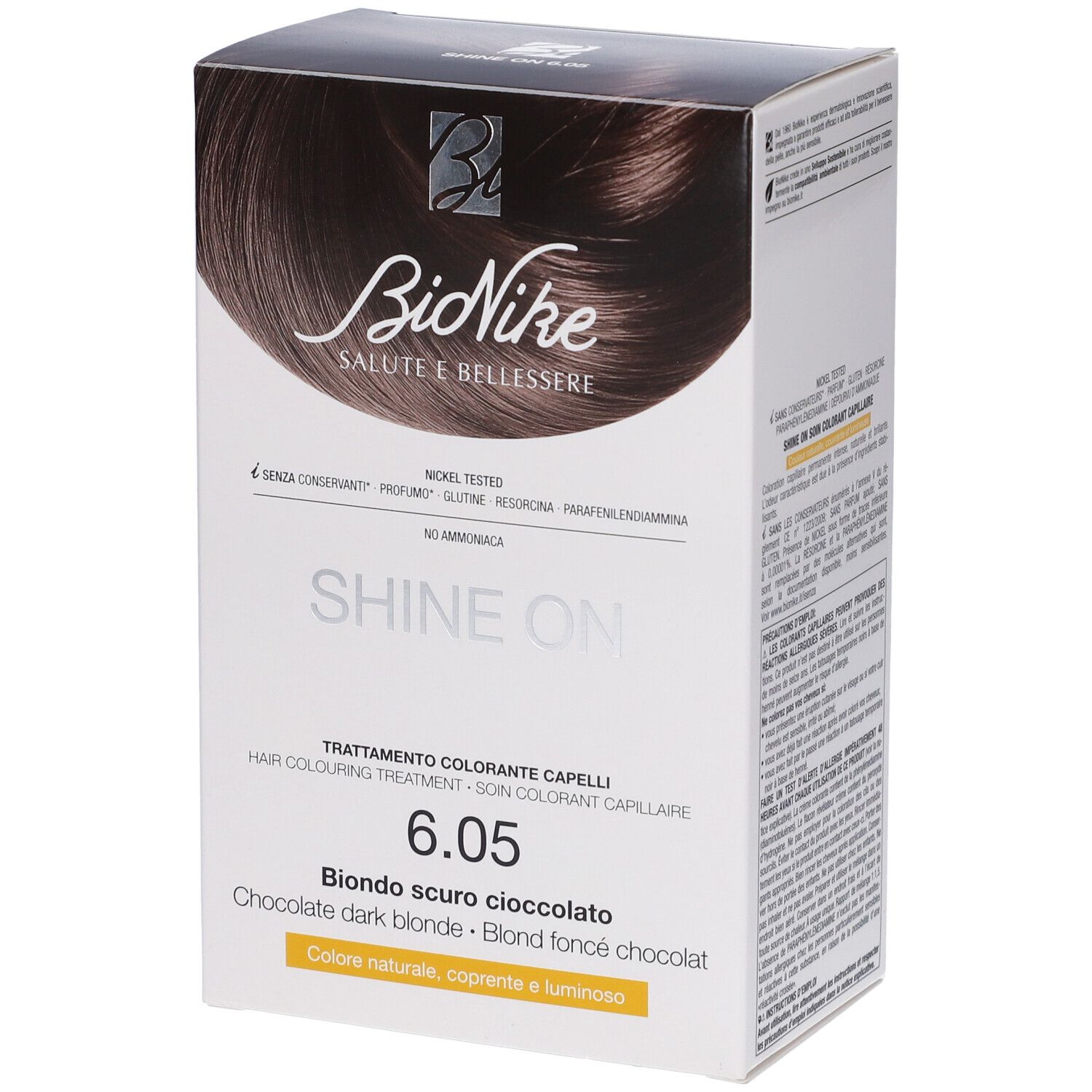 BioNike SHINE ON Haarfärbung 6.05 Dunkle Schokolade. Kartonverpackung mit Produktinformationen.