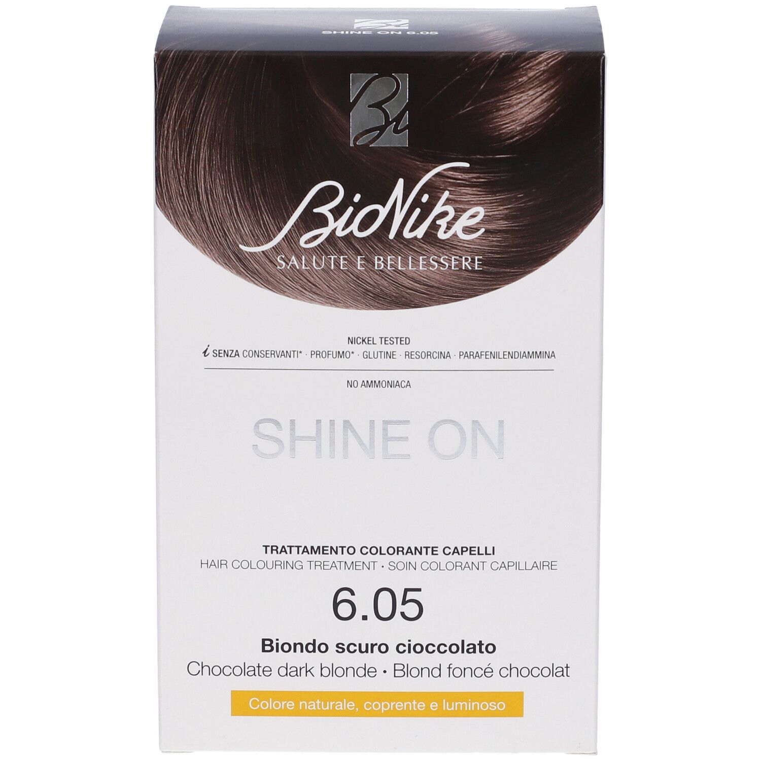 BioNike SHINE ON Haarfärbung 6.05 Dunkle Schokolade. Vorderseite der Kartonverpackung mit Farbtonbezeichnung.