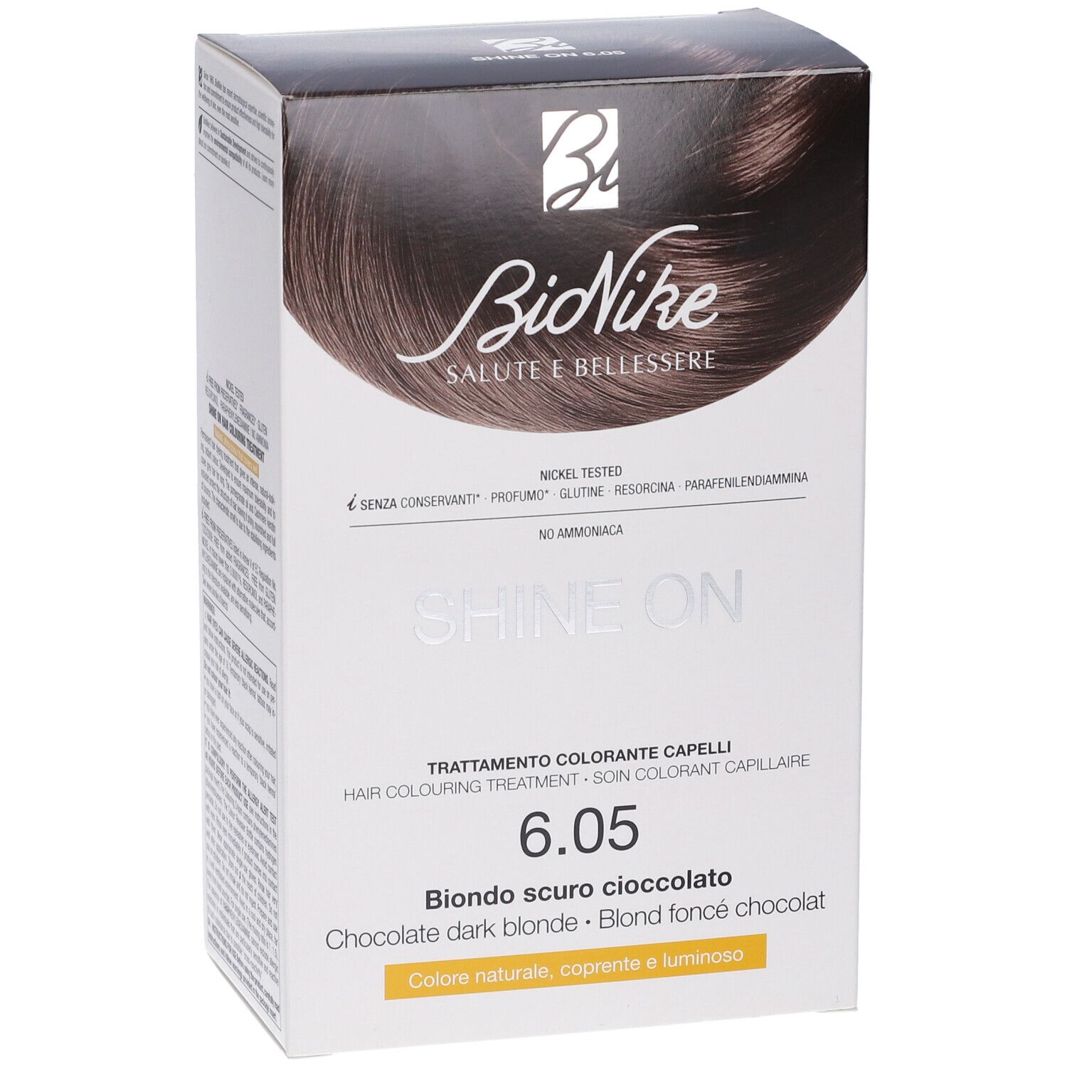 BioNike SHINE ON Haarfärbung 6.05 Dunkle Schokolade. Seitenansicht der Kartonverpackung mit Produktmerkmalen.