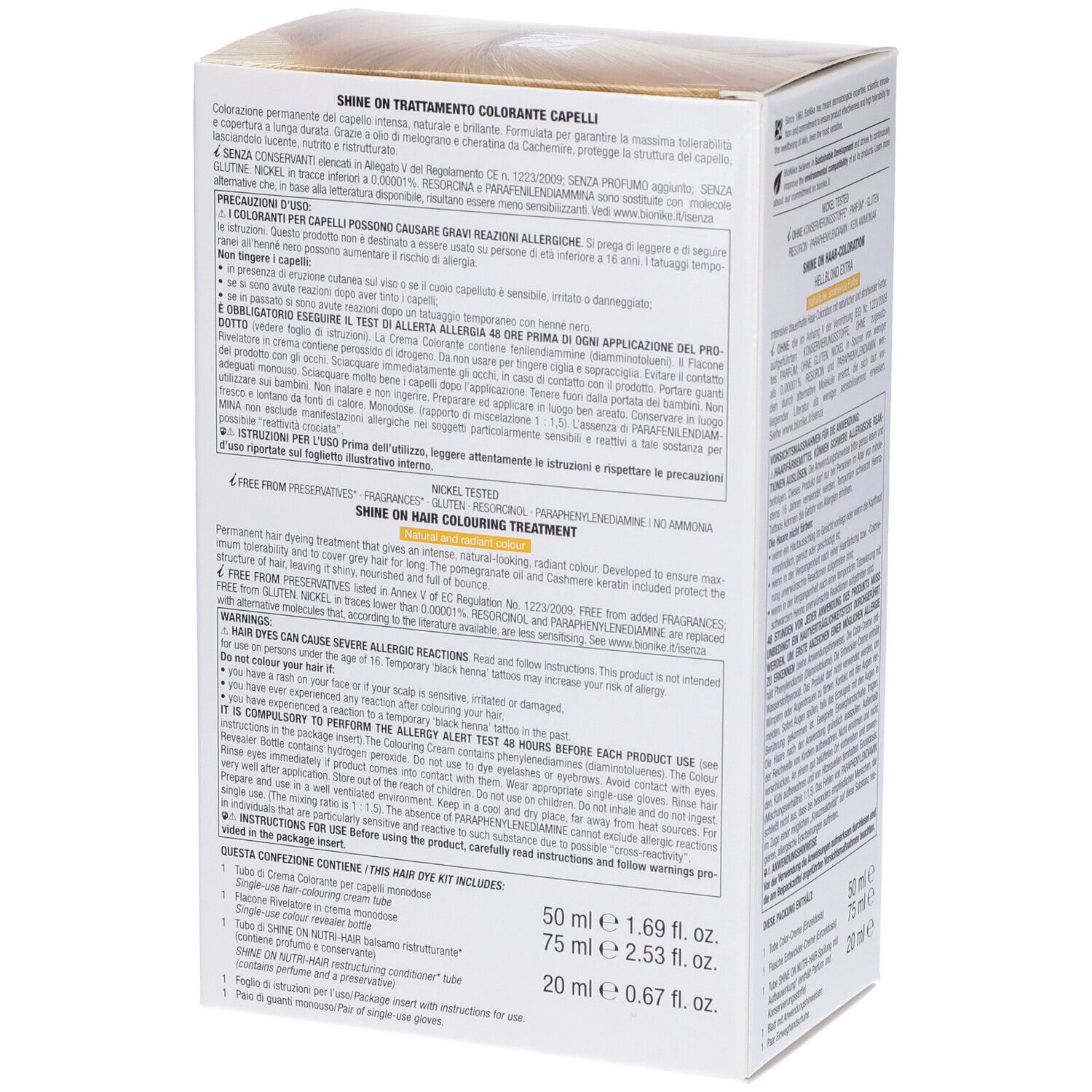 Rückseite der BioNike Shine On 10 Haarfarbepackung. Text und Inhaltsangaben. Enthält 50 ml, 75 ml, 20 ml.