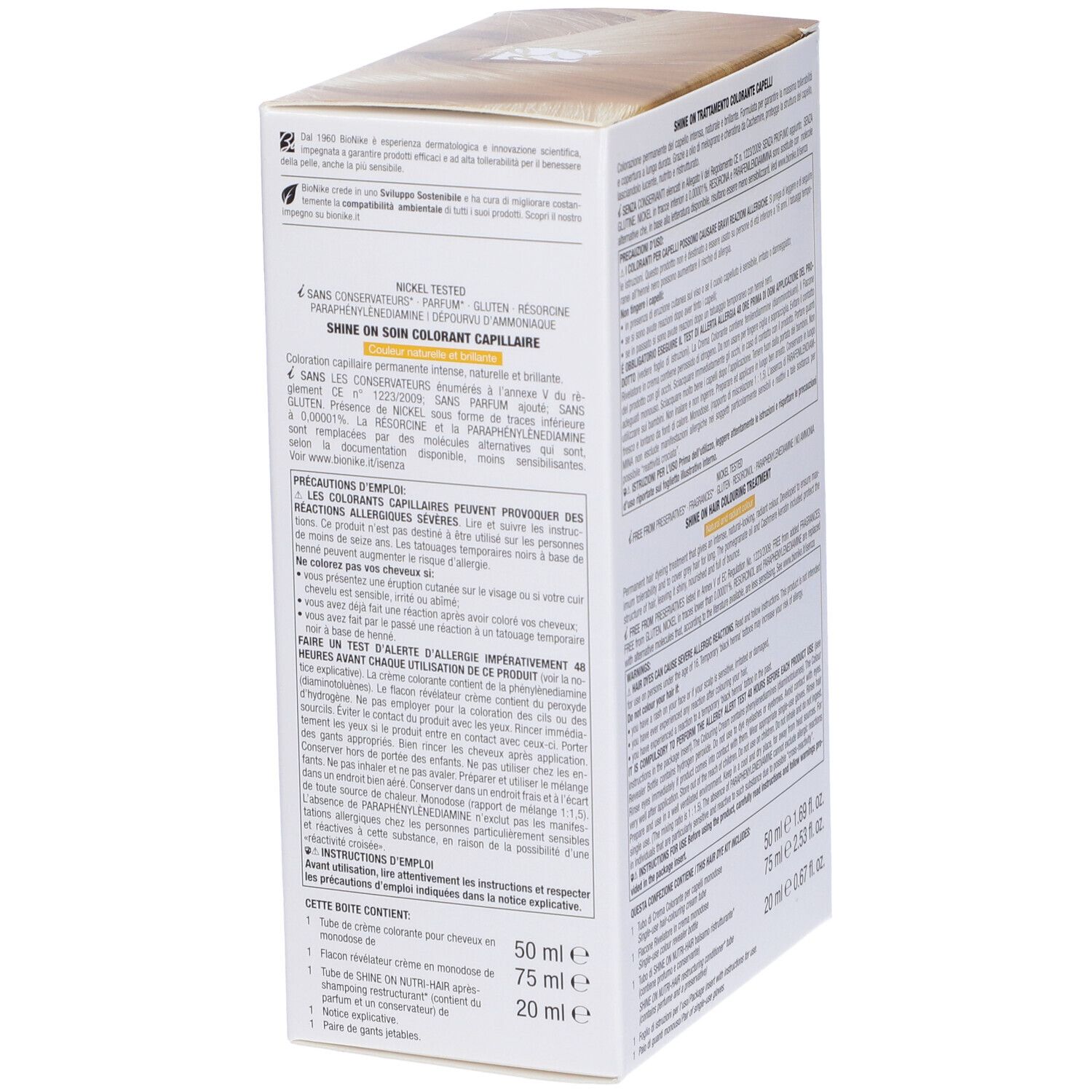 Rückseite der BioNike Shine On 10 Haarfarbepackung. Text und Inhaltsangaben. Enthält 50 ml, 75 ml, 20 ml.
